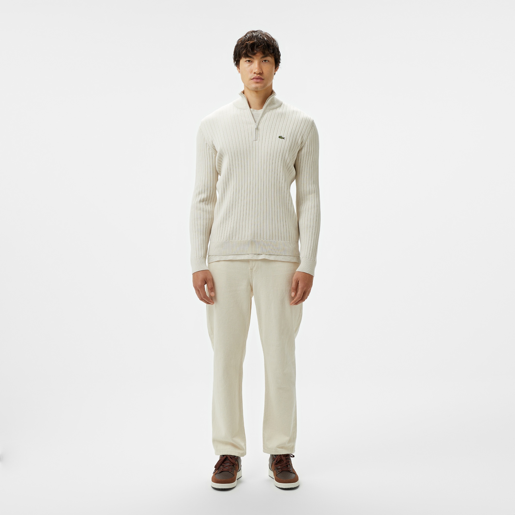Lacoste Erkek Relaxed Fit Yarım Fermuarlı Çizgili Krem Triko
