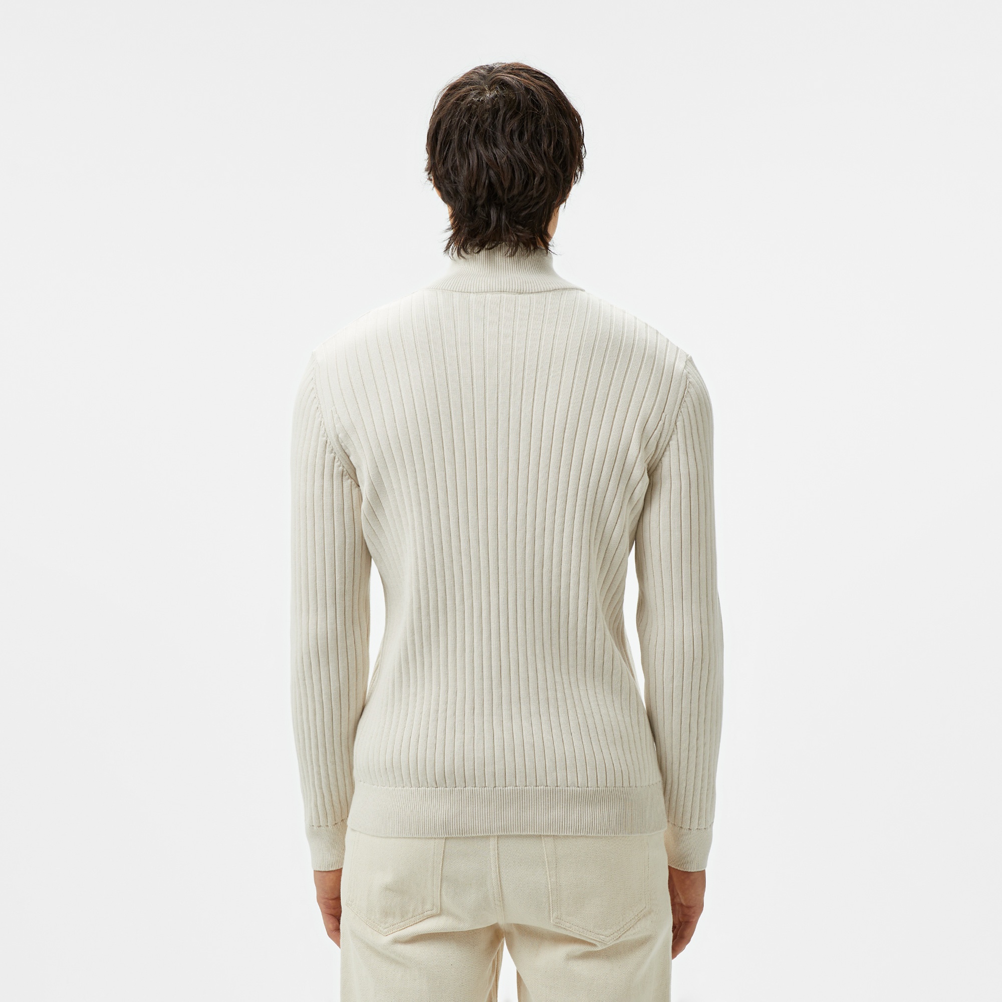 Lacoste Erkek Relaxed Fit Yarım Fermuarlı Çizgili Krem Triko