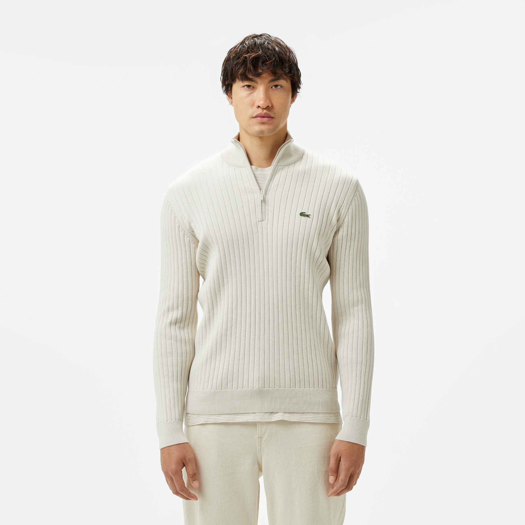Lacoste Erkek Relaxed Fit Yarım Fermuarlı Çizgili Krem Triko