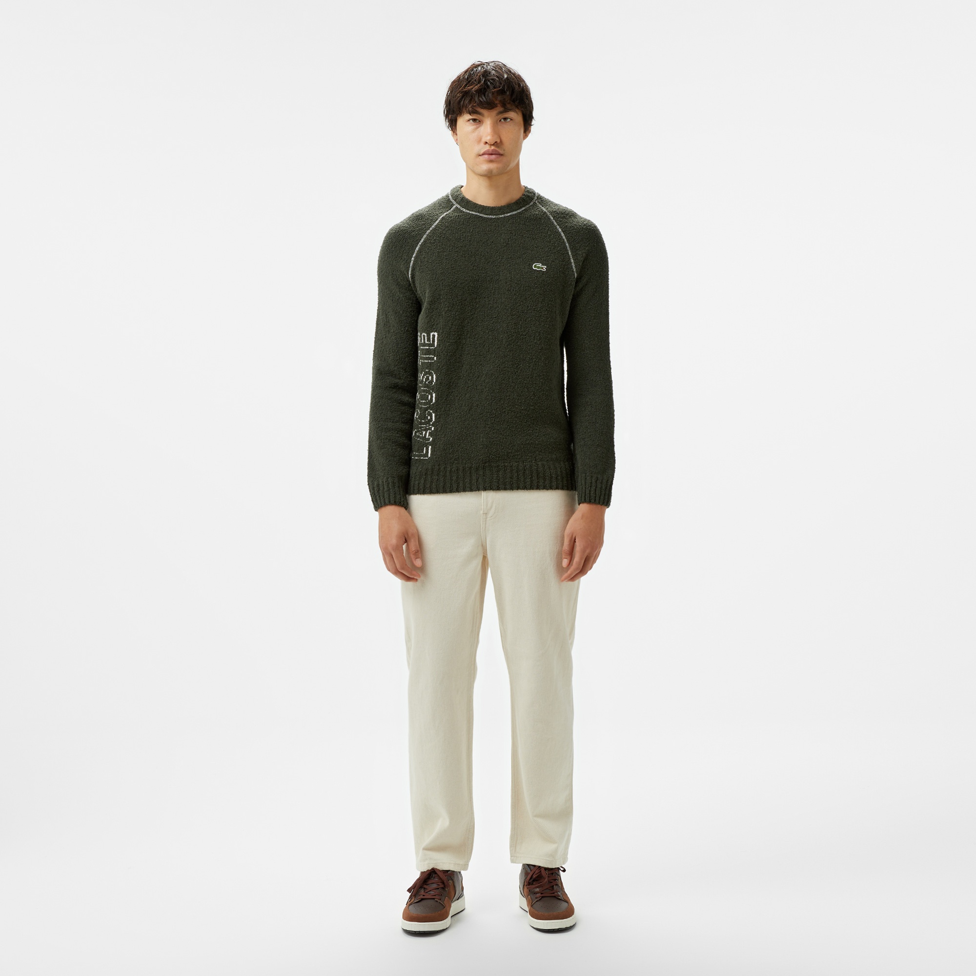 Lacoste Erkek Relaxed Fit Bisiklet Yaka Baskılı Koyu Yeşil Kazak