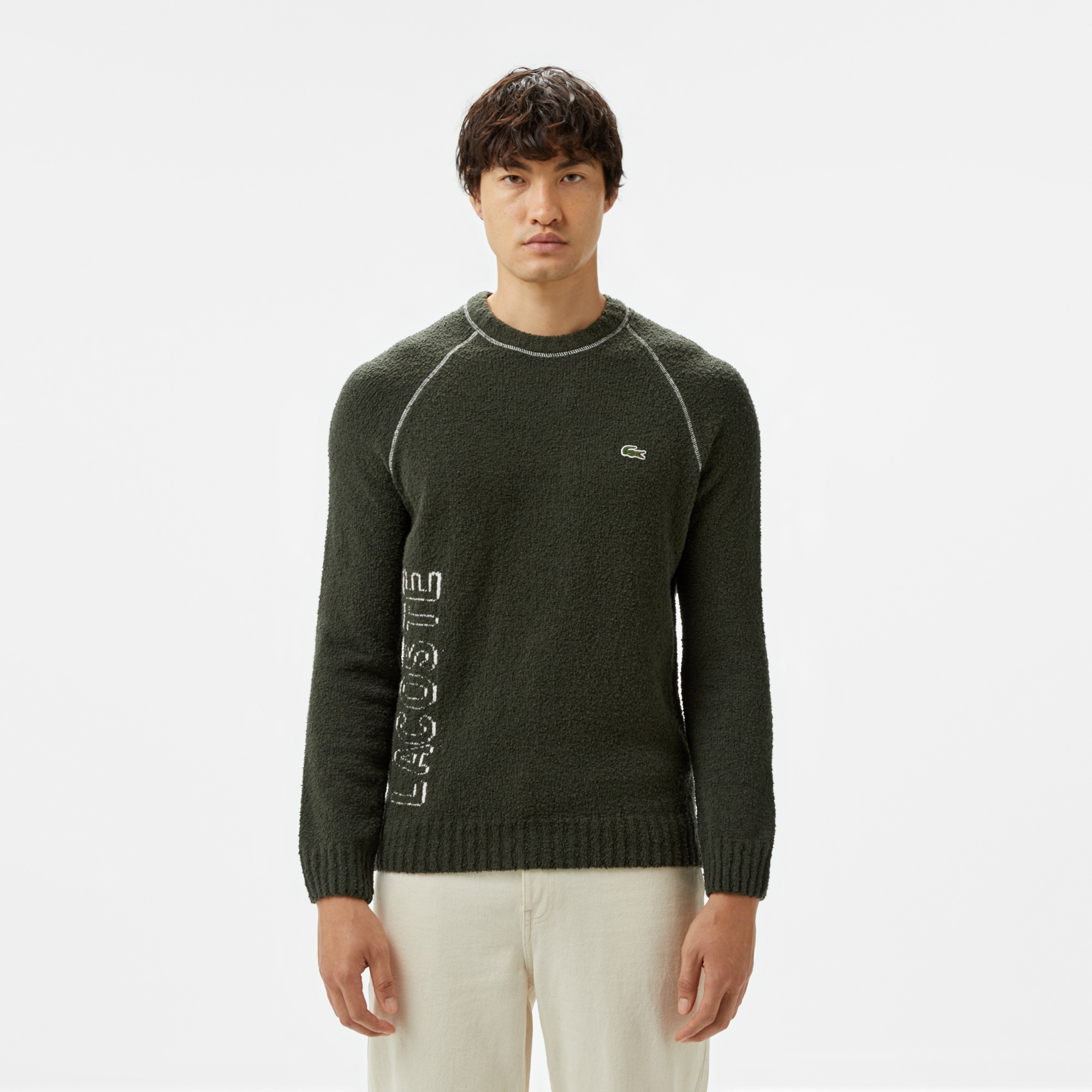 Lacoste Erkek Relaxed Fit Bisiklet Yaka Baskılı Koyu Yeşil Kazak