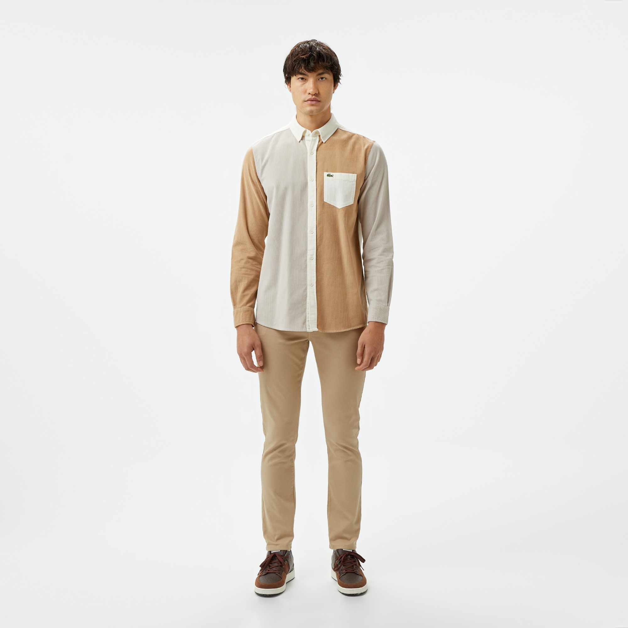 Lacoste Erkek Regular Fit Düğmeli Yaka Renk Bloklu Bej Gömlek