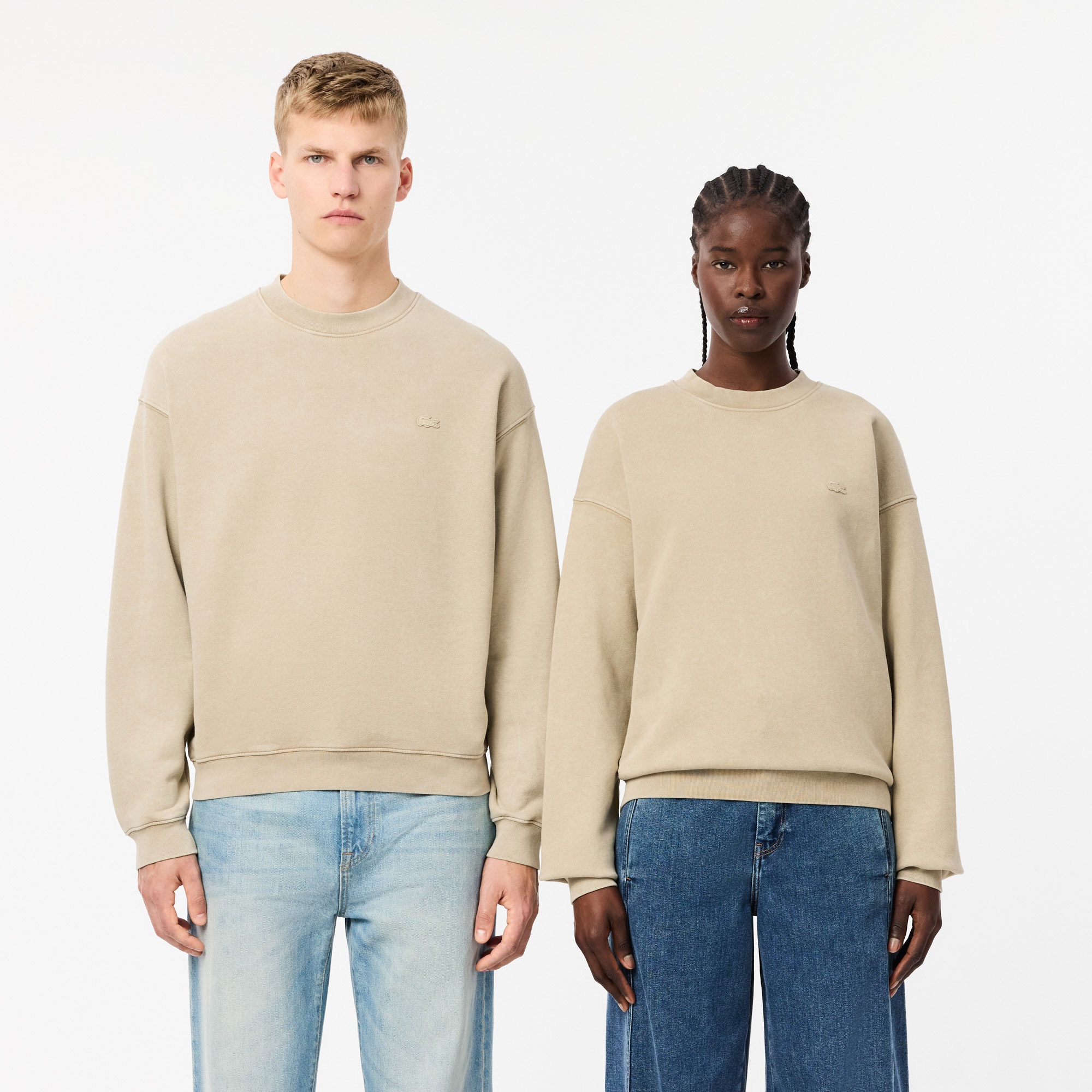 Lacoste Unisex Loose Fit Bisiklet Yaka Bej Sweatshirt