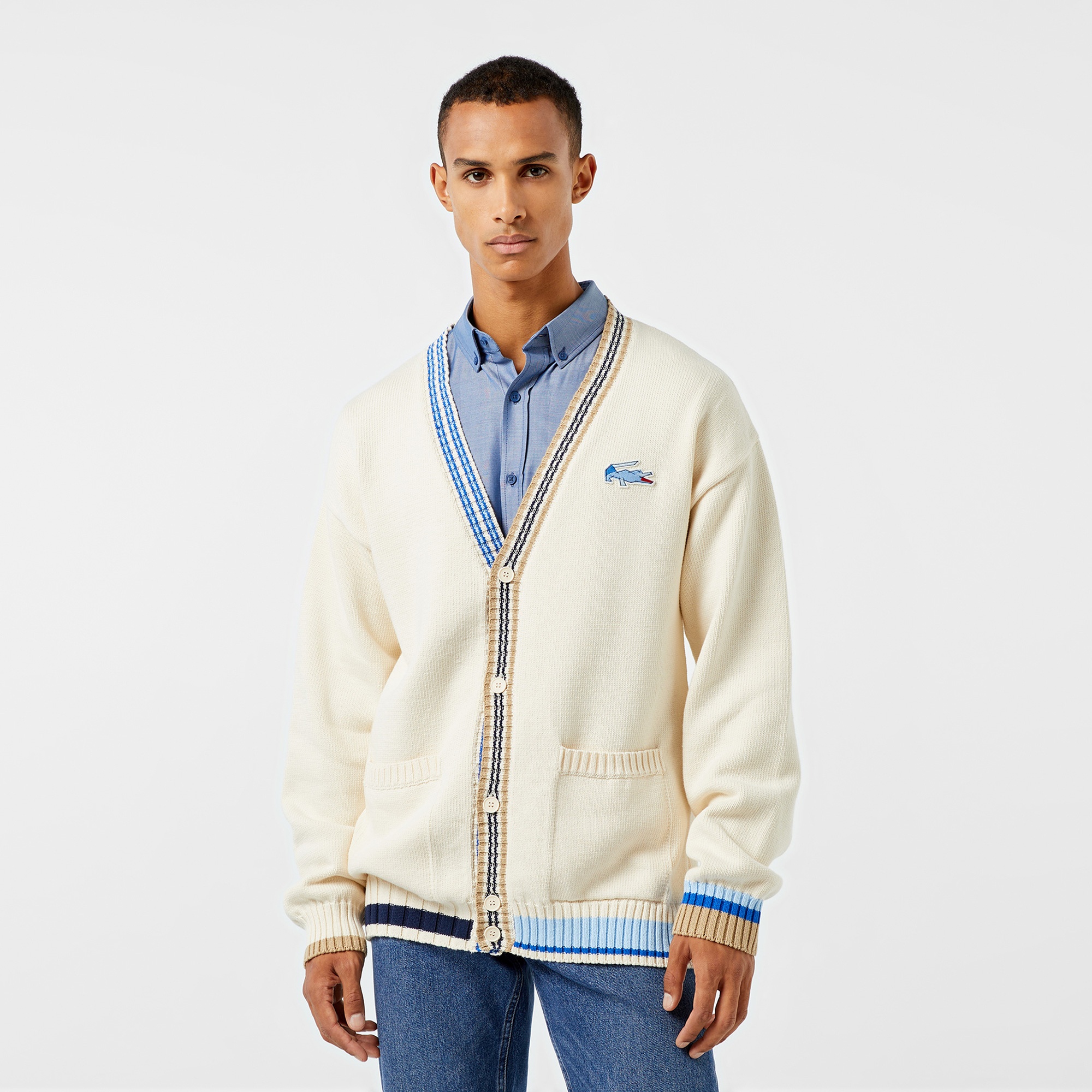 Lacoste Erkek Loose Fit V Yaka Renk Bloklu Krem Hırka