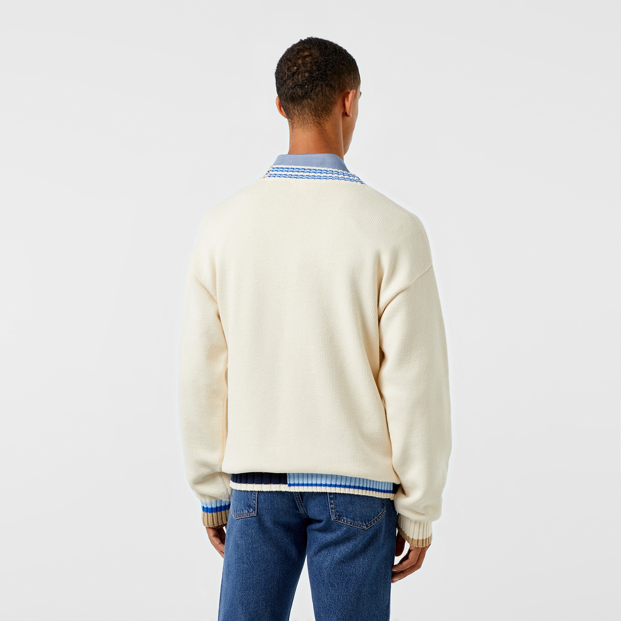 Lacoste Erkek Loose Fit V Yaka Renk Bloklu Krem Hırka