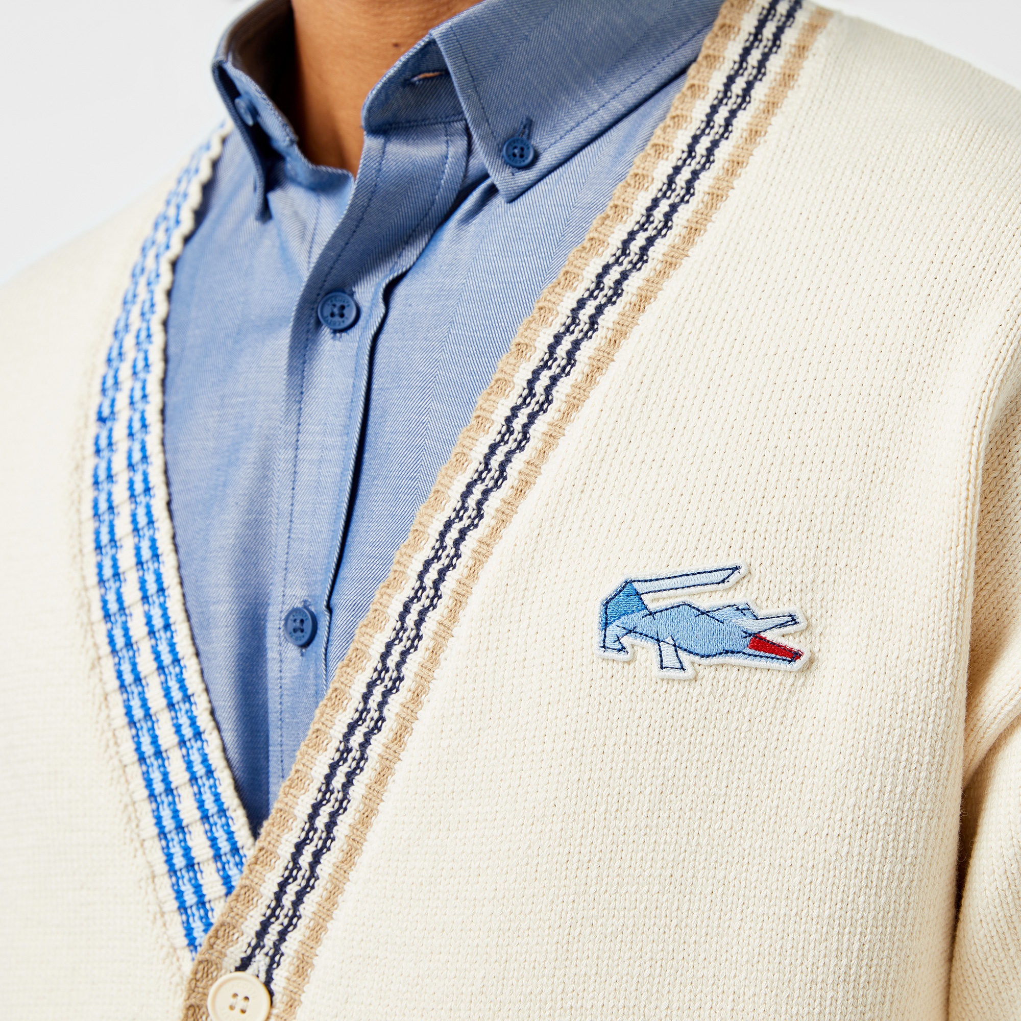 Lacoste Erkek Loose Fit V Yaka Renk Bloklu Krem Hırka