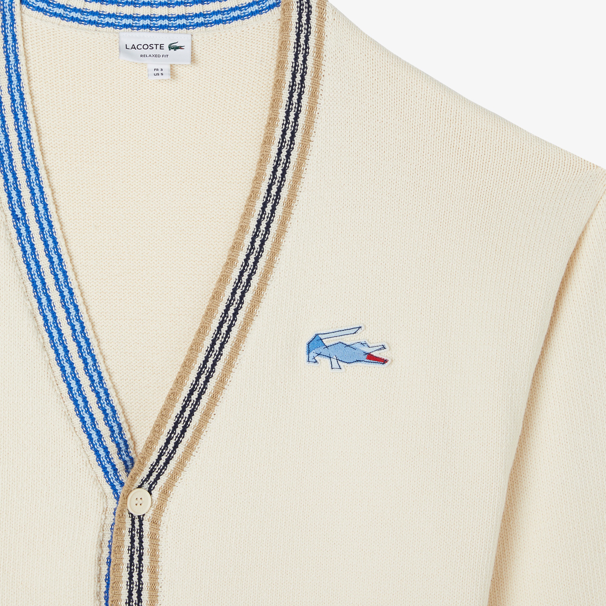 Lacoste Erkek Loose Fit V Yaka Renk Bloklu Krem Hırka