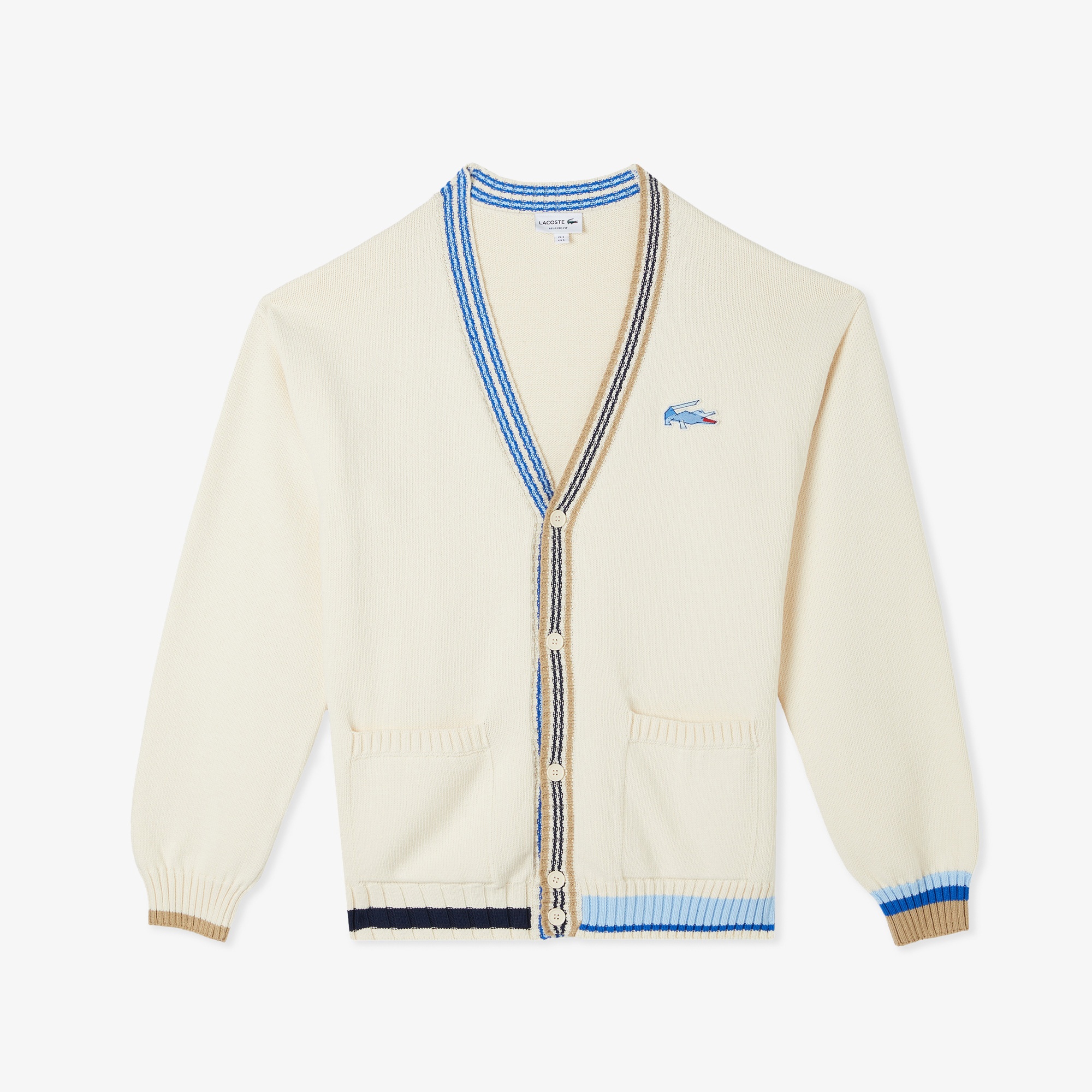 Lacoste Erkek Loose Fit V Yaka Renk Bloklu Krem Hırka