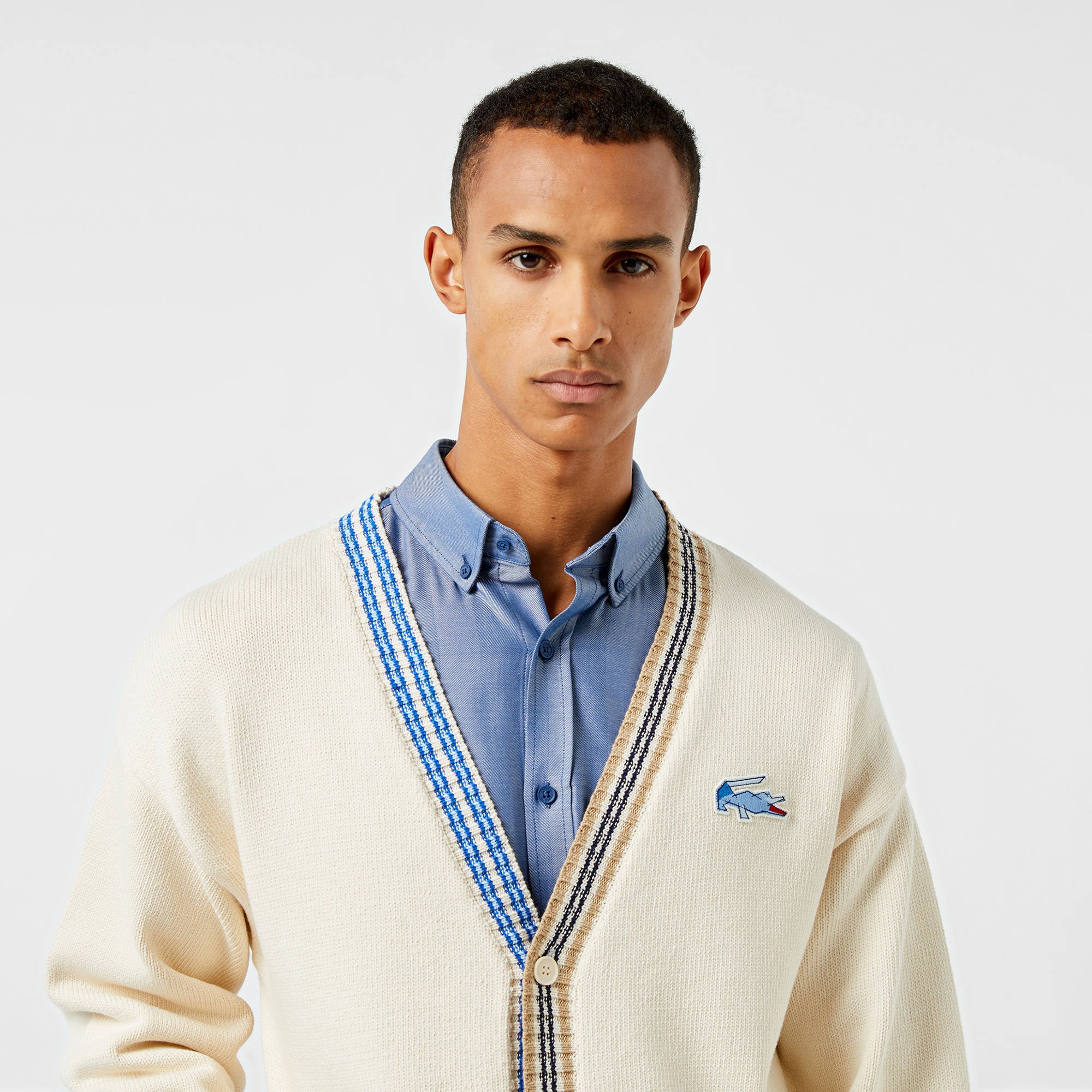 Lacoste Erkek Loose Fit V Yaka Renk Bloklu Krem Hırka