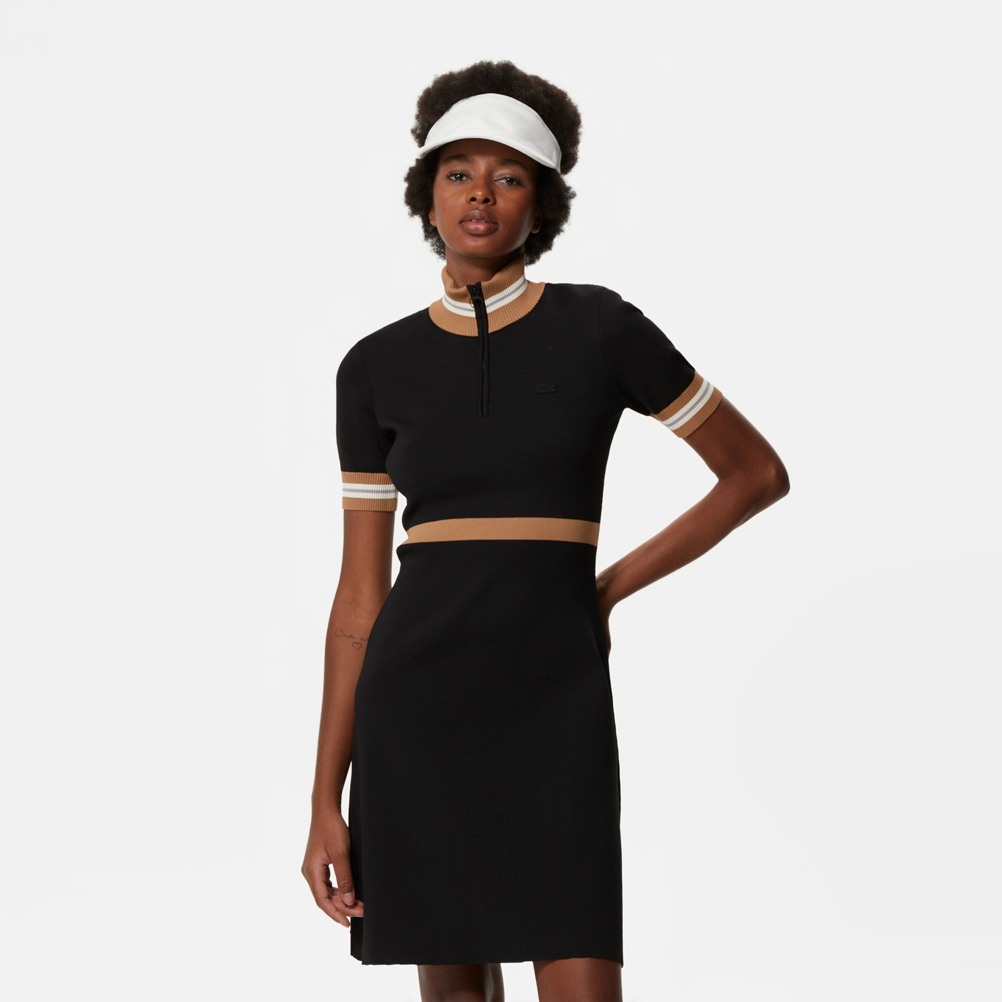 Lacoste Kadın Flare Fit Kısa Kollu Dik Yaka Siyah Elbise