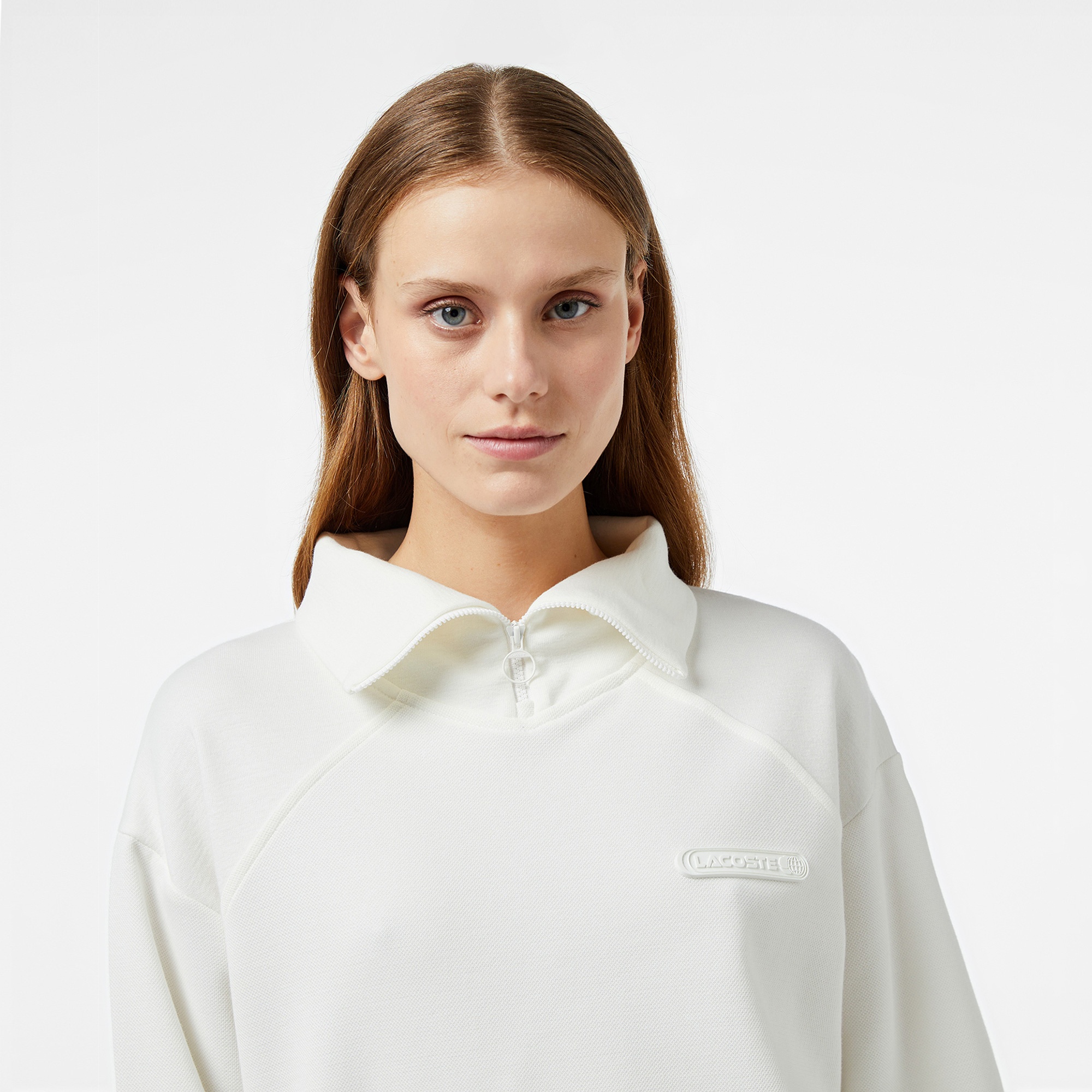 Lacoste Kadın Regular Fit Fermuarlı Dik Yaka Beyaz Sweatshirt