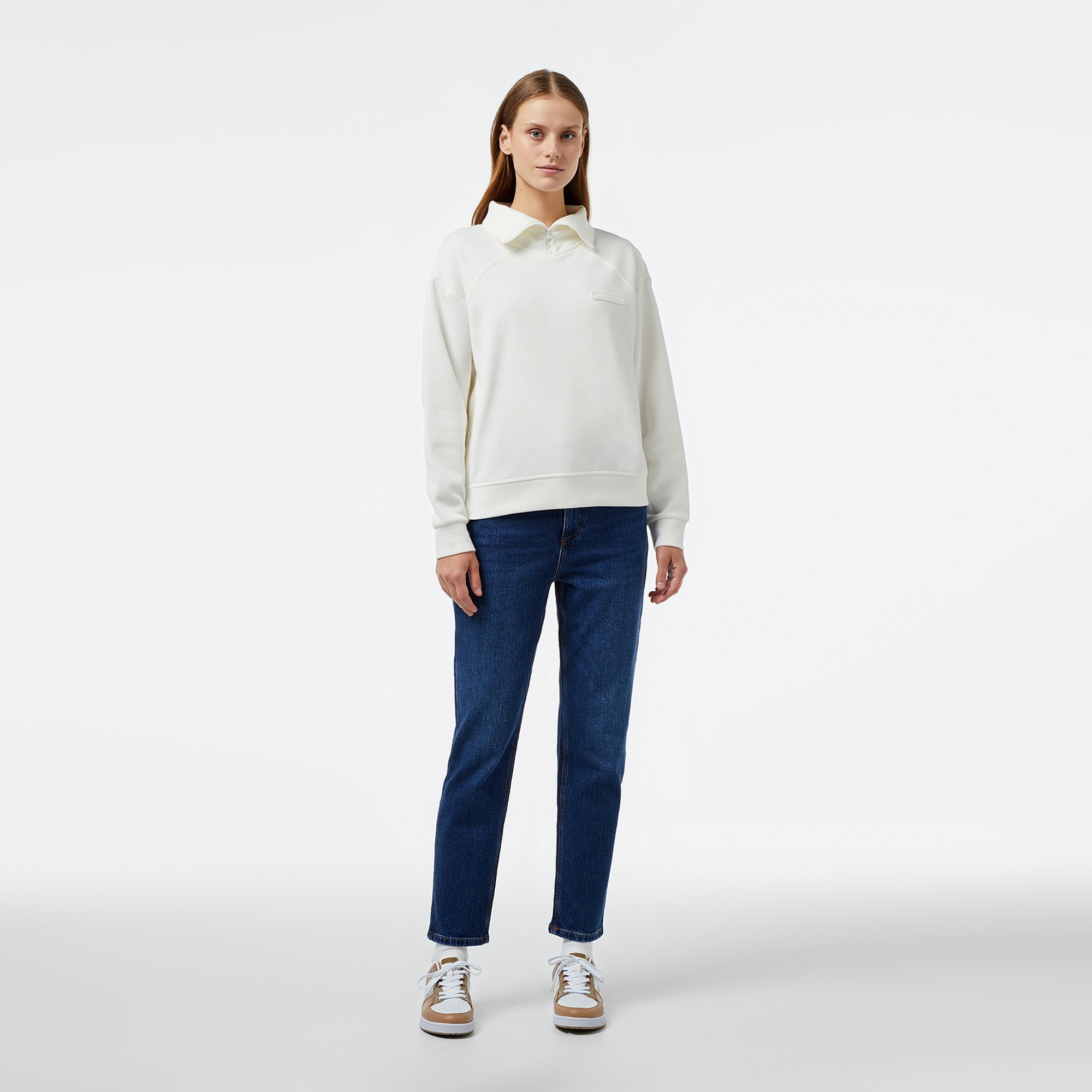 Lacoste Kadın Regular Fit Fermuarlı Dik Yaka Beyaz Sweatshirt