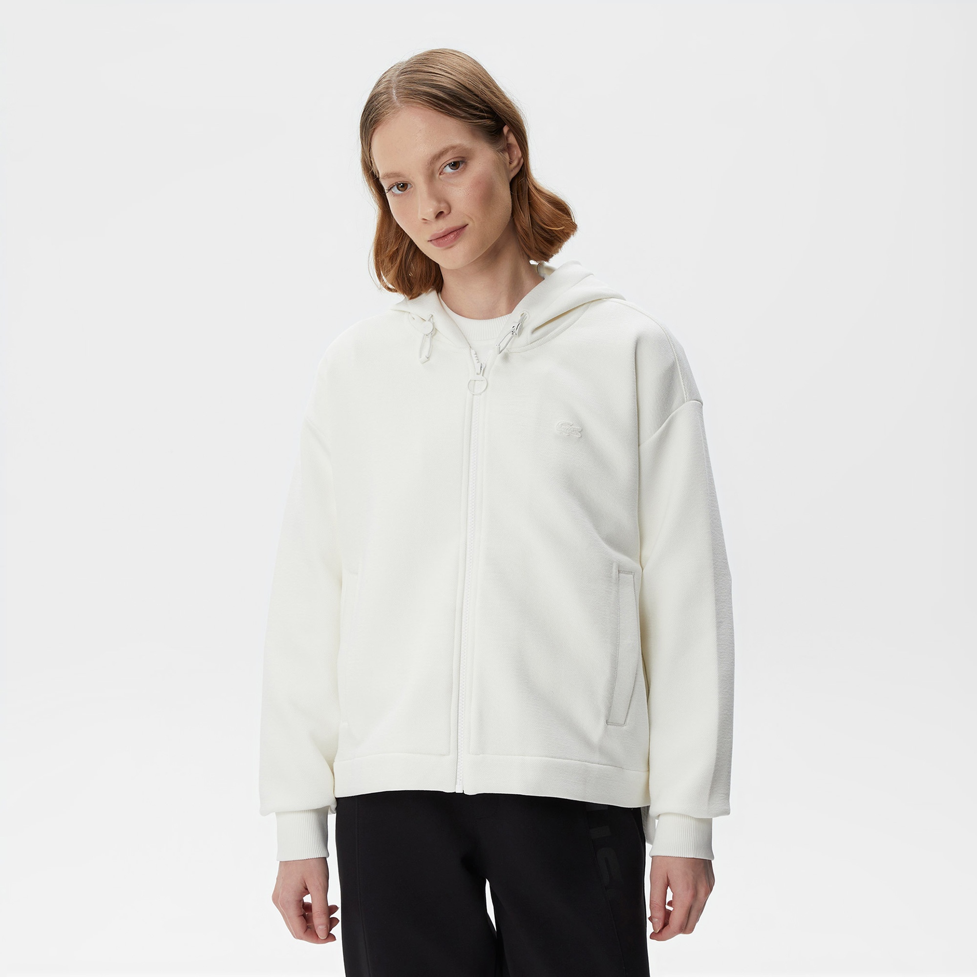 Lacoste Kadın Relaxed Fit Kapüşonlu Beyaz Sweatshirt