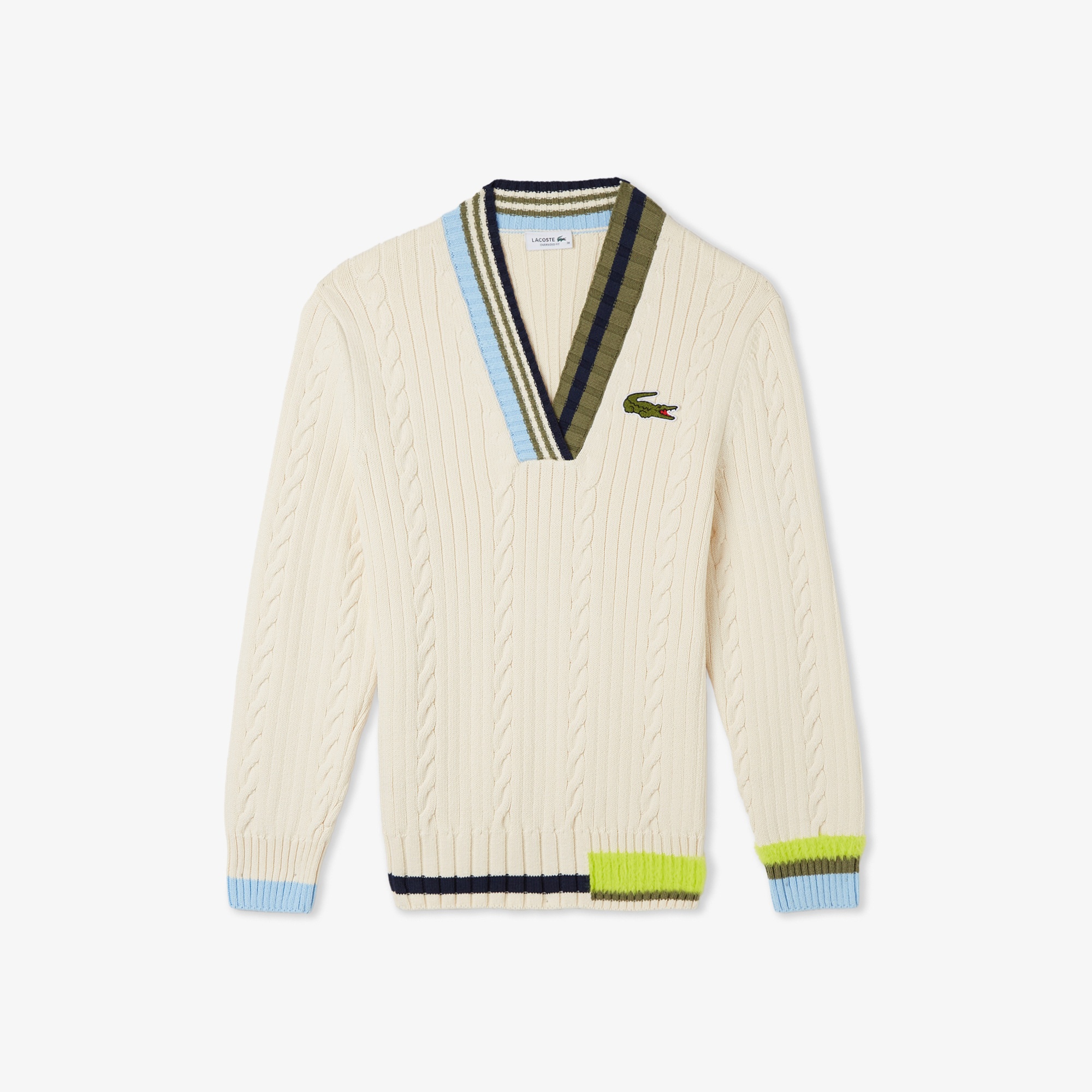 Lacoste Kadın Loose Fit V Yaka Renk Bloklu Krem Kazak