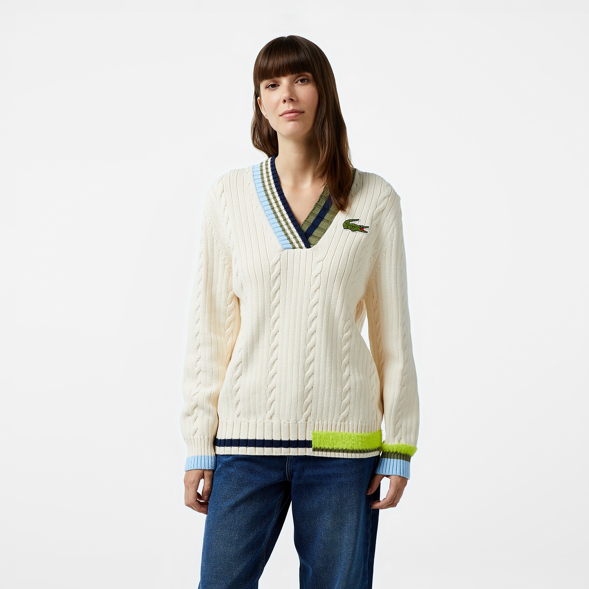 Lacoste Kadın Loose Fit V Yaka Renk Bloklu Krem Kazak
