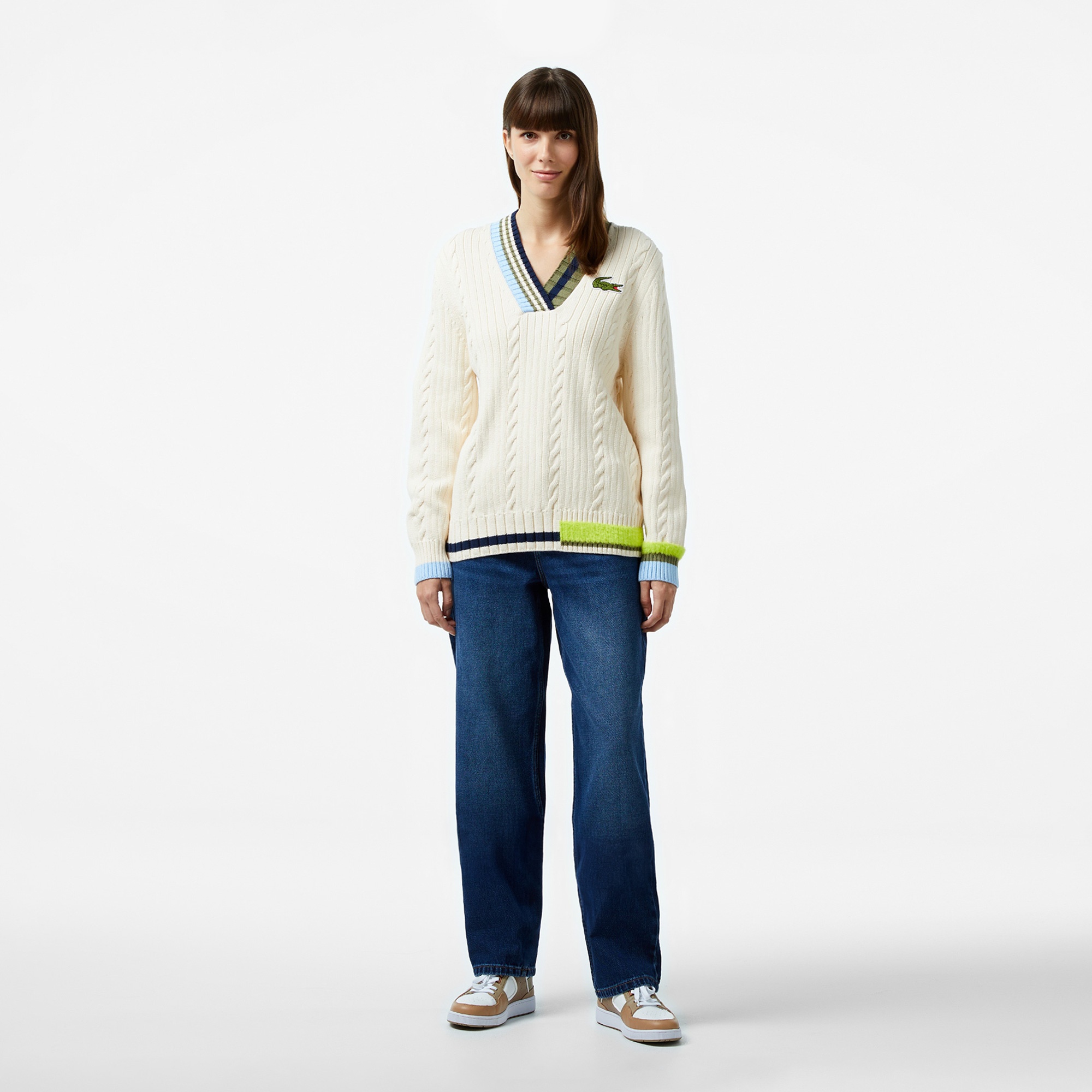 Lacoste Kadın Loose Fit V Yaka Renk Bloklu Krem Kazak