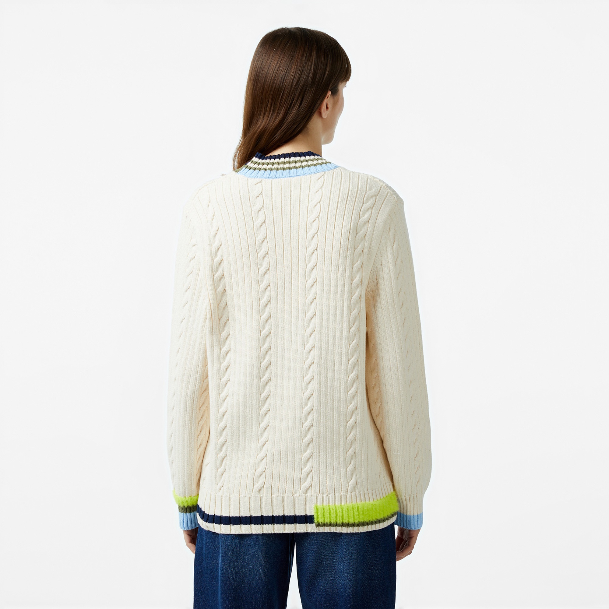 Lacoste Kadın Loose Fit V Yaka Renk Bloklu Krem Kazak