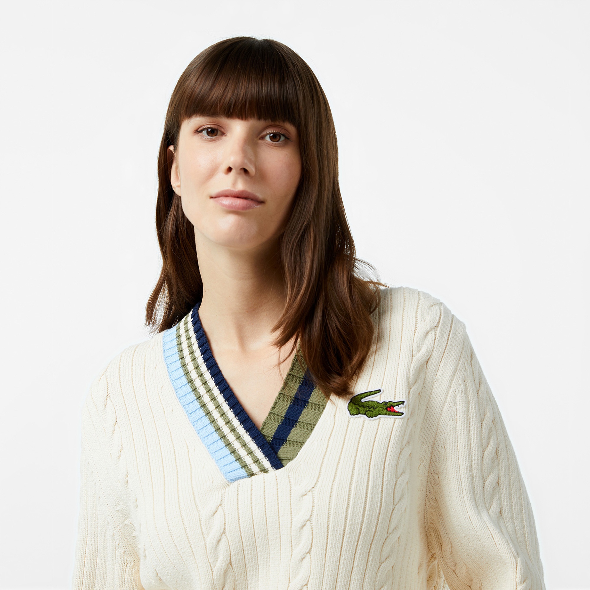 Lacoste Kadın Loose Fit V Yaka Renk Bloklu Krem Kazak