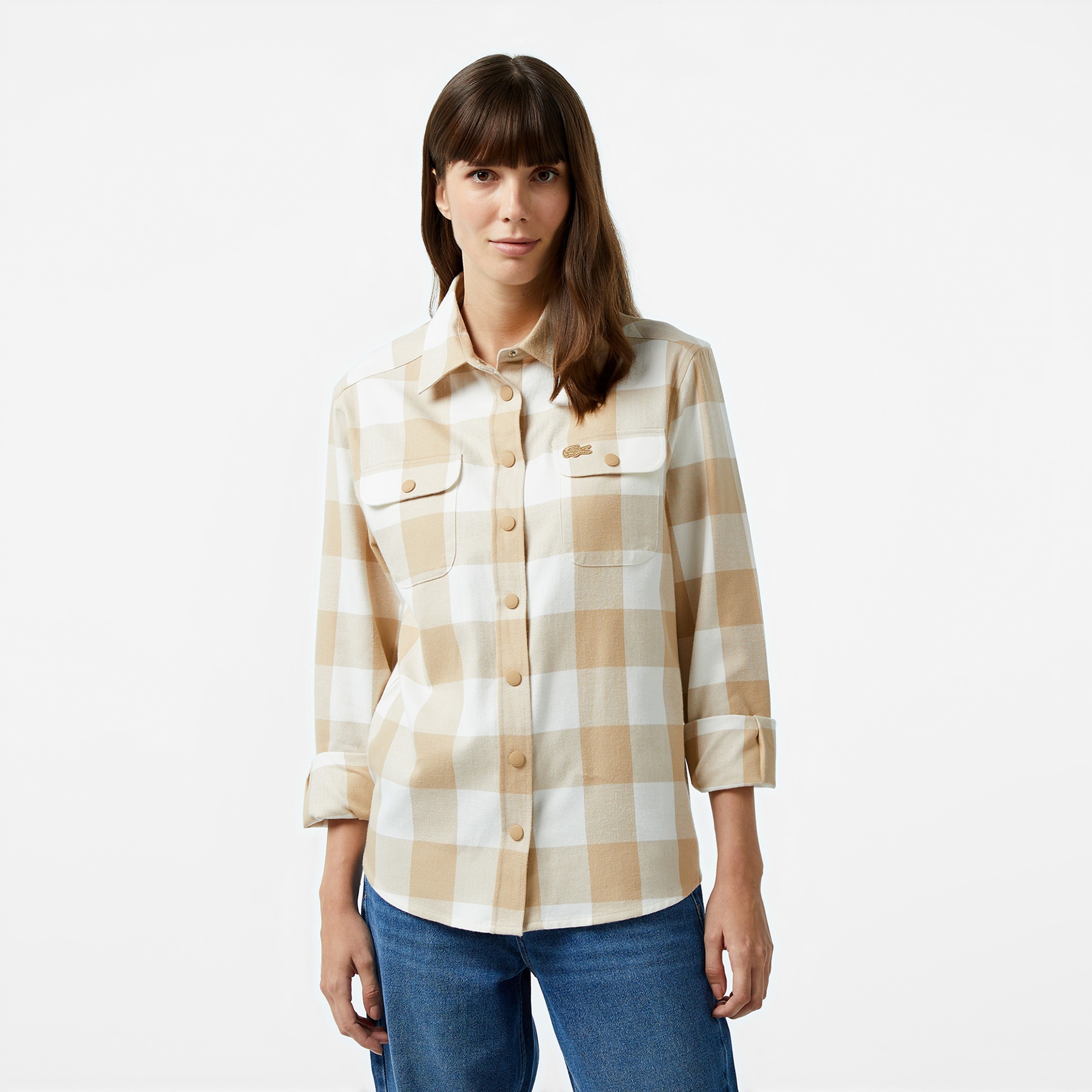 Lacoste Kadın Regular Fit Ekose Bej Gömlek
