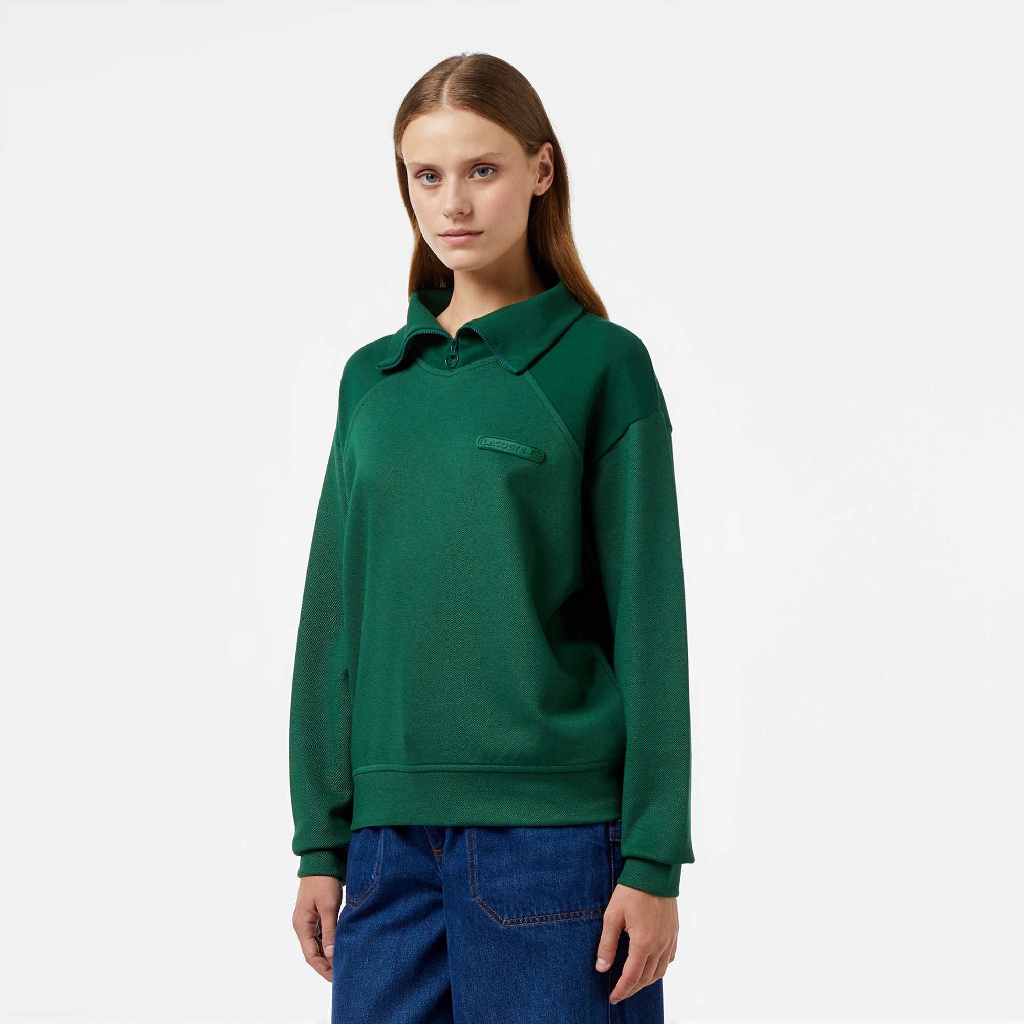 Lacoste Kadın Regular Fit Fermuarlı Dik Yaka Koyu Yeşil Sweatshirt