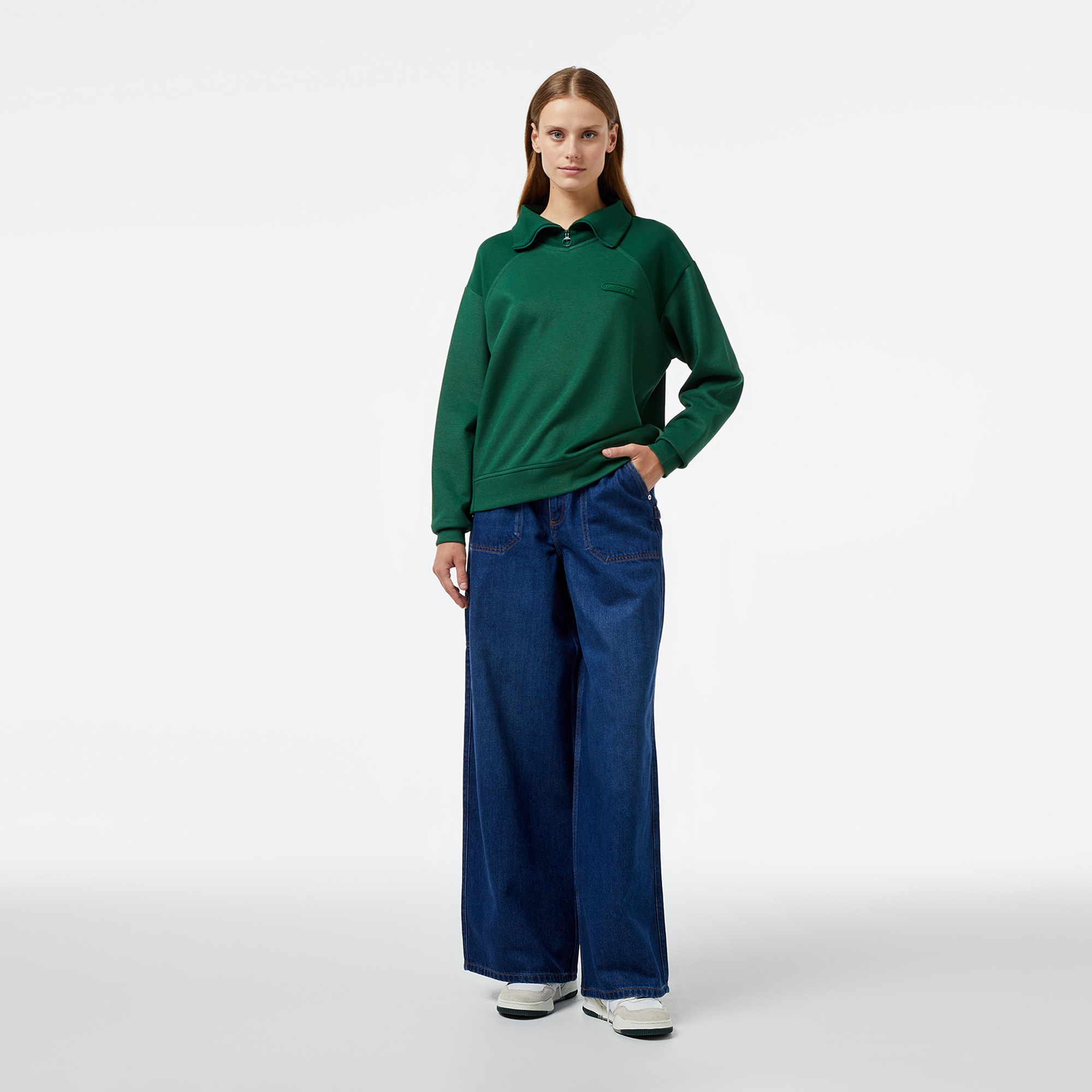 Lacoste Kadın Regular Fit Fermuarlı Dik Yaka Koyu Yeşil Sweatshirt