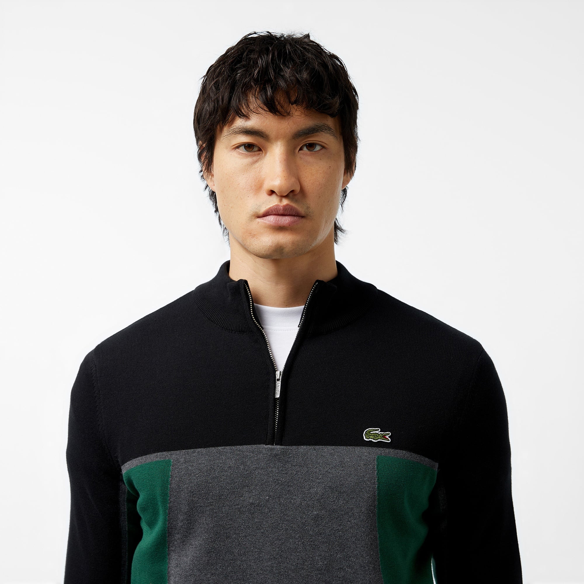 Lacoste Erkek Relaxed Fit Yarım Fermuarlı Renk Bloklu Siyah Kazak