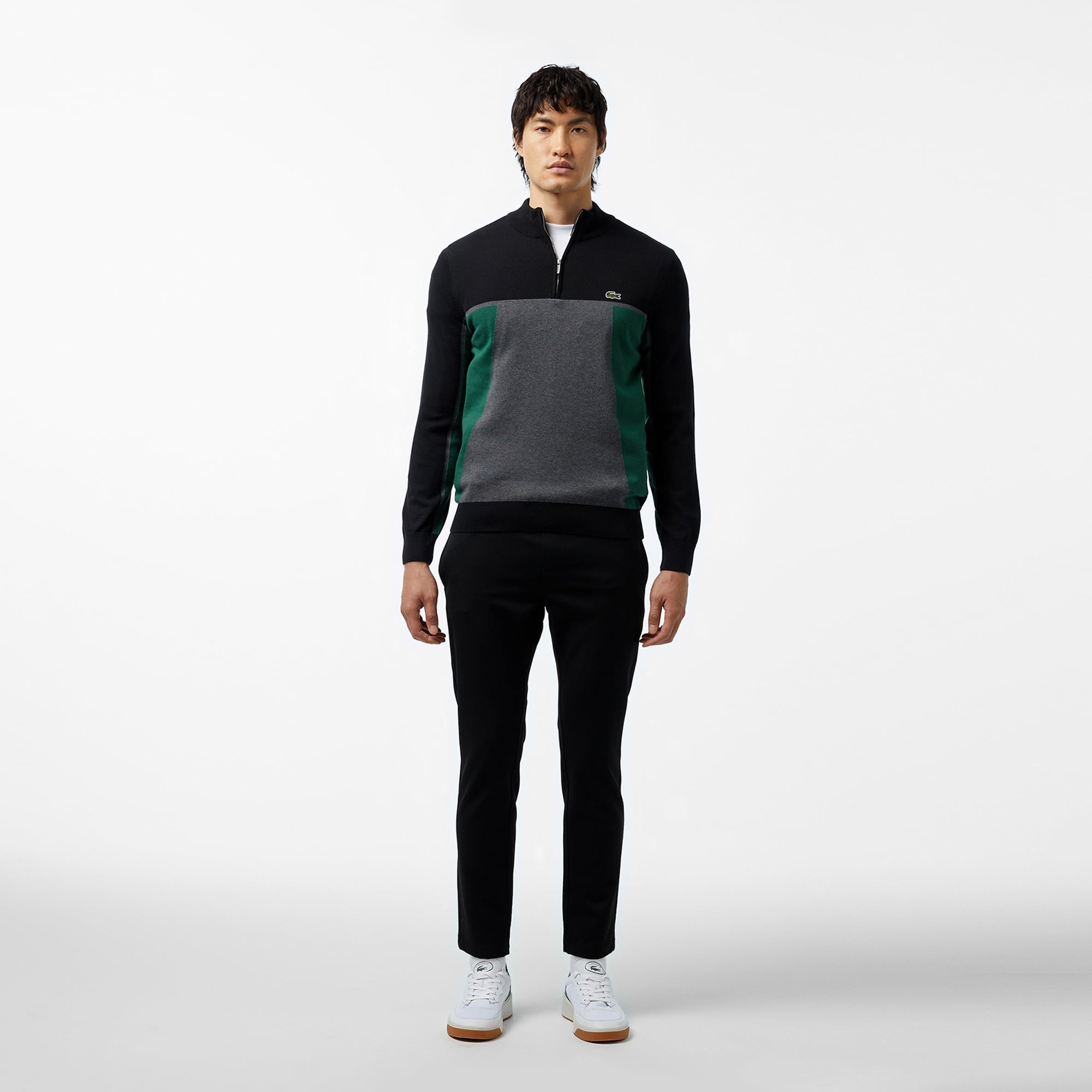 Lacoste Erkek Relaxed Fit Yarım Fermuarlı Renk Bloklu Siyah Kazak