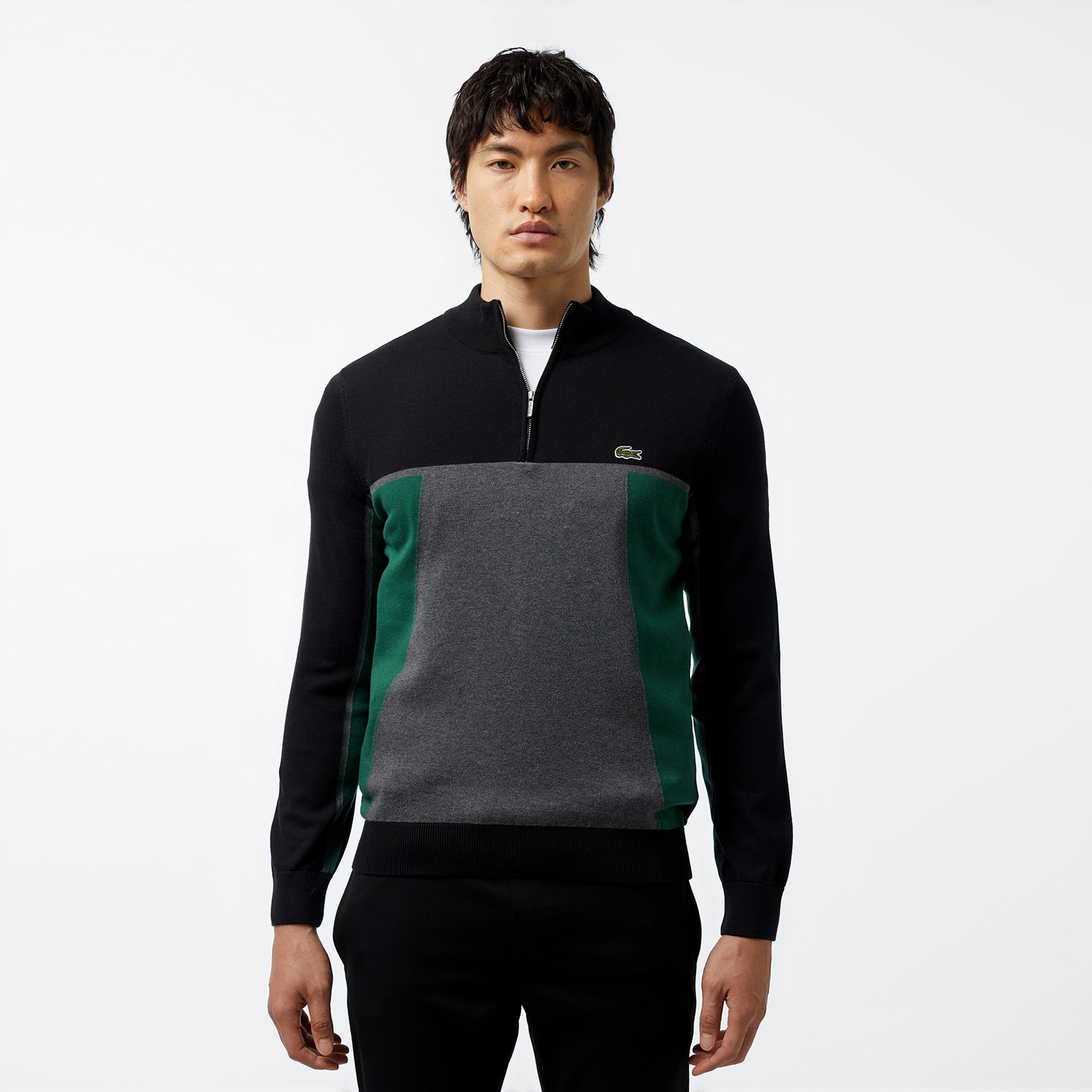 Lacoste Erkek Relaxed Fit Yarım Fermuarlı Renk Bloklu Siyah Kazak