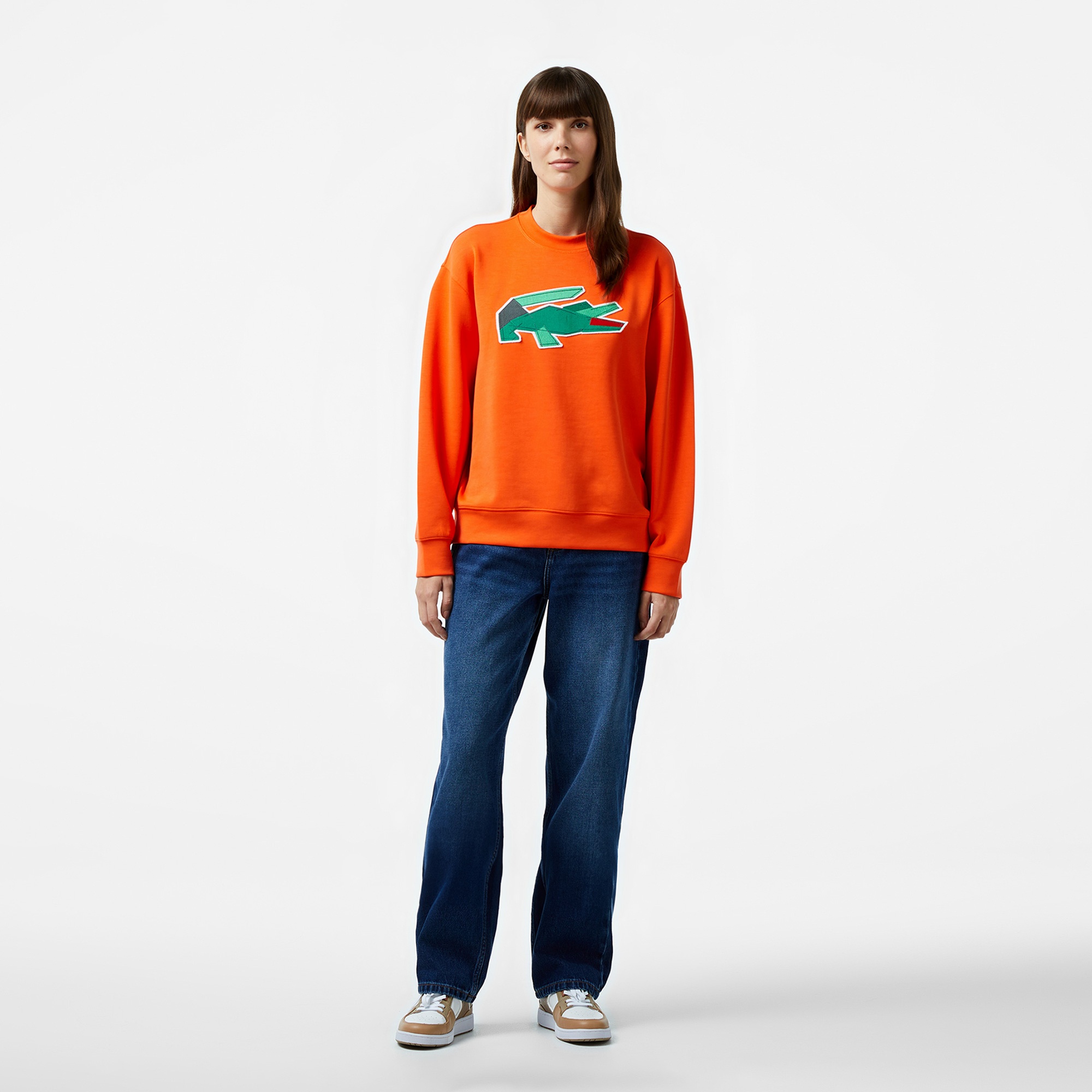 Lacoste Kadın Oversize Fit Bisiklet Yaka Baskılı Turuncu Sweatshirt