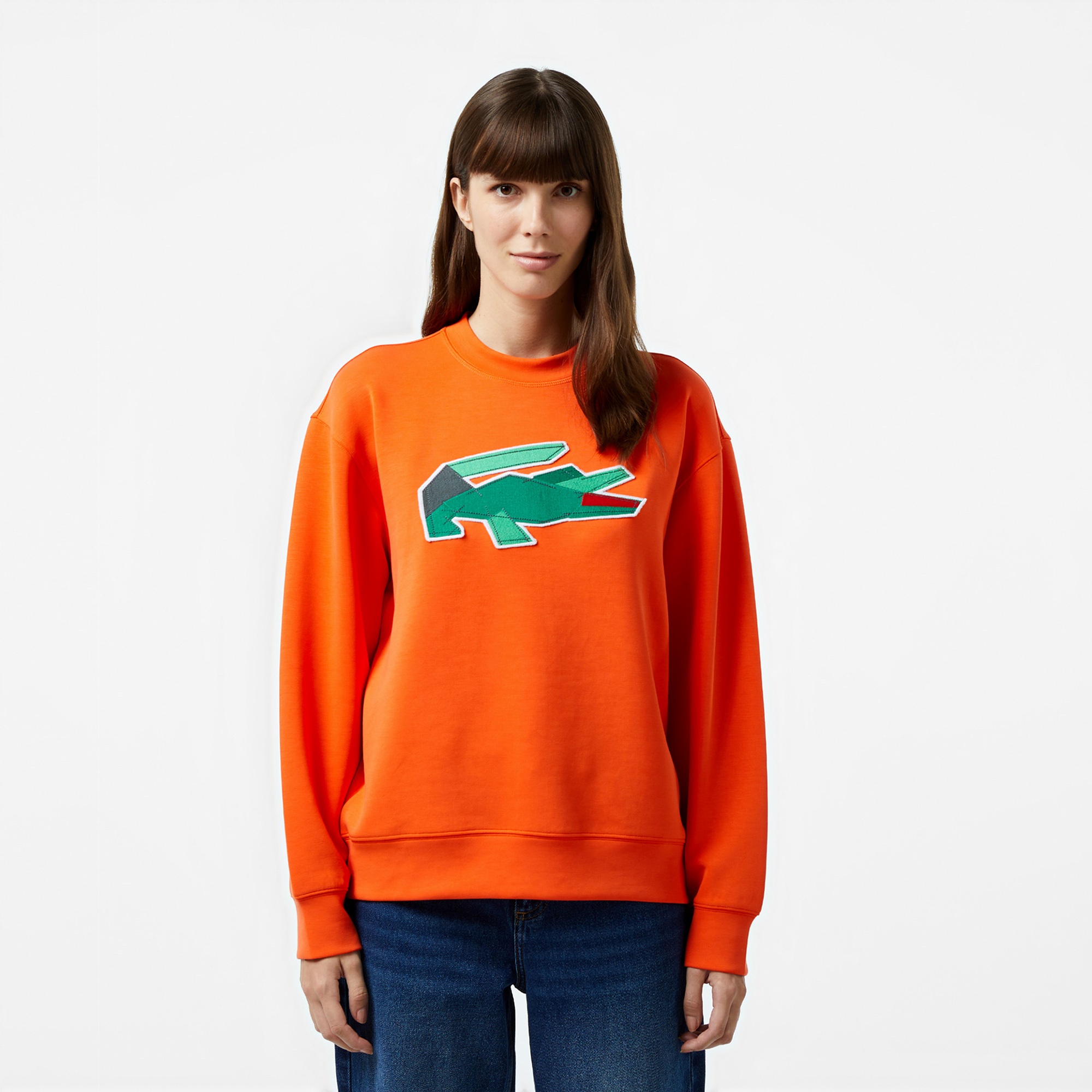 Lacoste Kadın Oversize Fit Bisiklet Yaka Baskılı Turuncu Sweatshirt