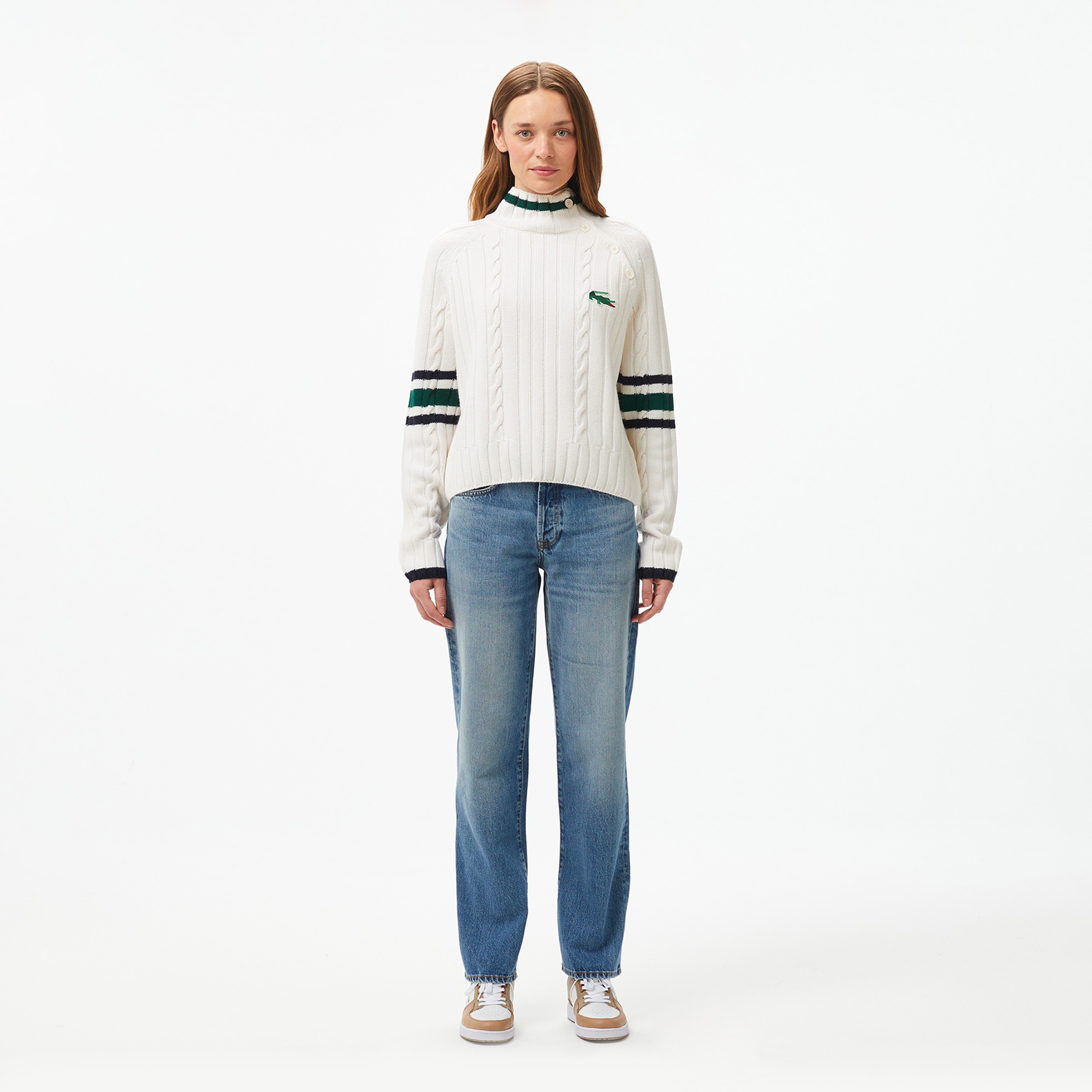 Lacoste Kadın Regular Fit Boğazlı Renk Bloklu Beyaz Kazak