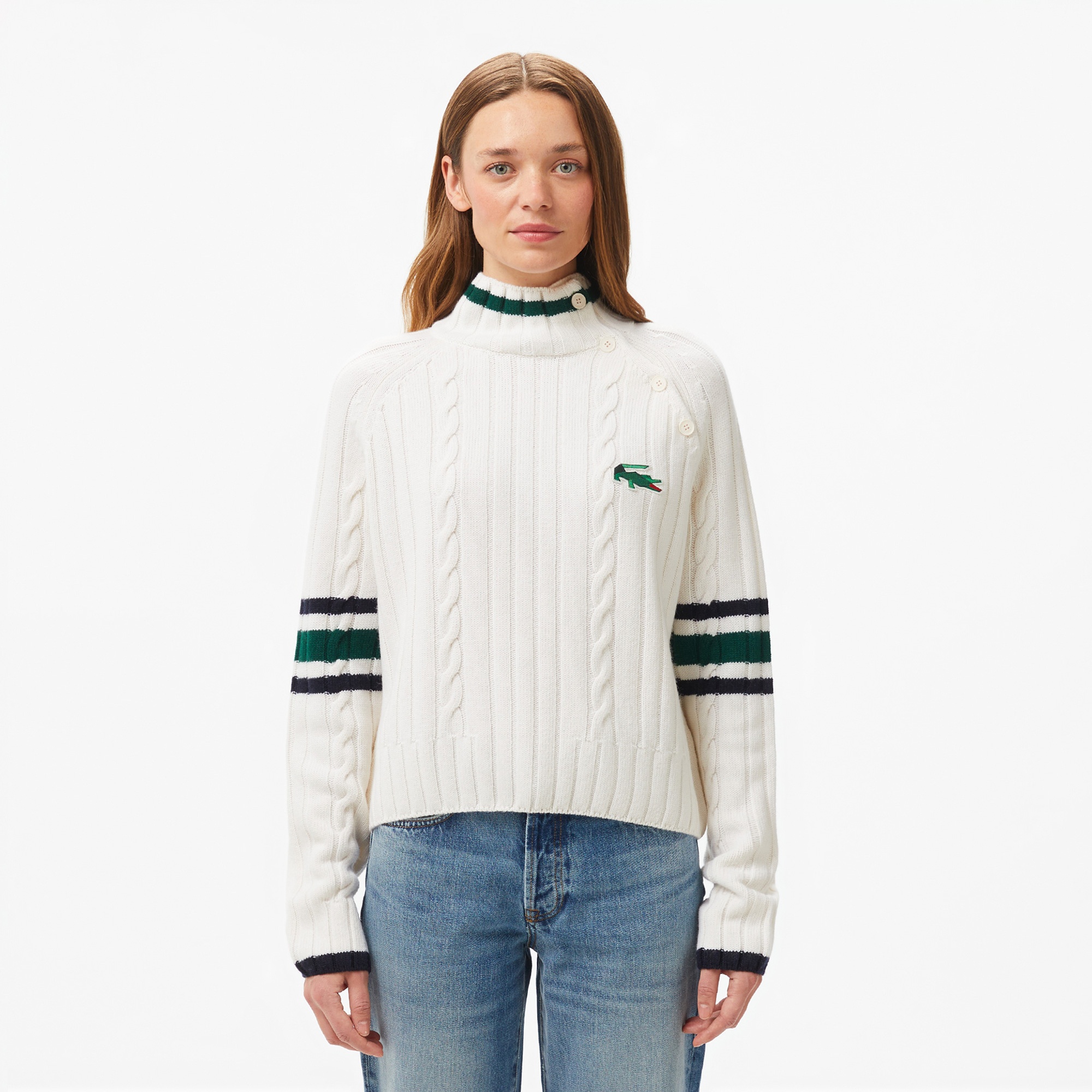 Lacoste Kadın Regular Fit Boğazlı Renk Bloklu Beyaz Kazak