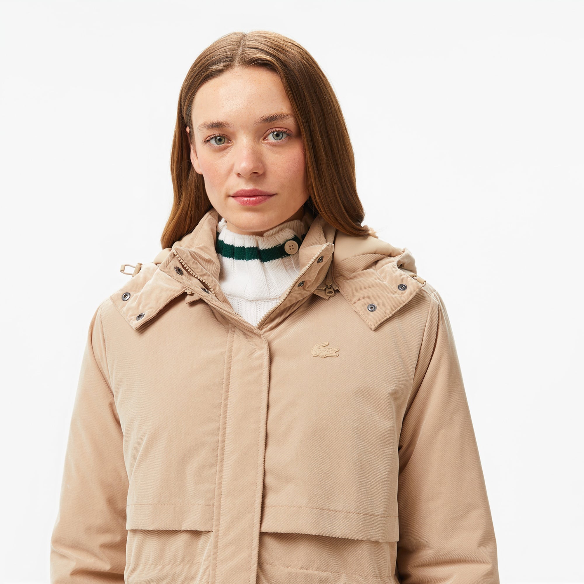 Lacoste Kadın Relaxed Fit Kapüşonlu Bej Mont