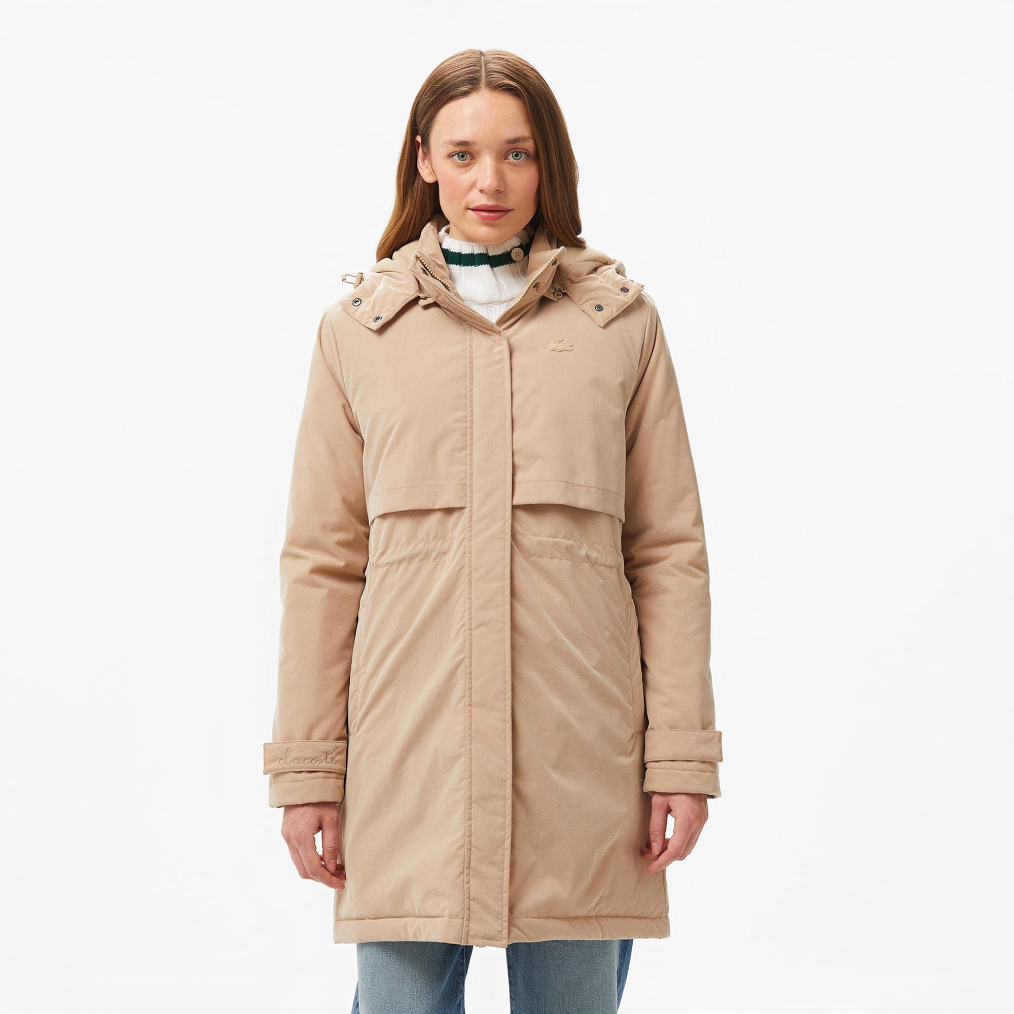 Lacoste Kadın Relaxed Fit Kapüşonlu Bej Mont