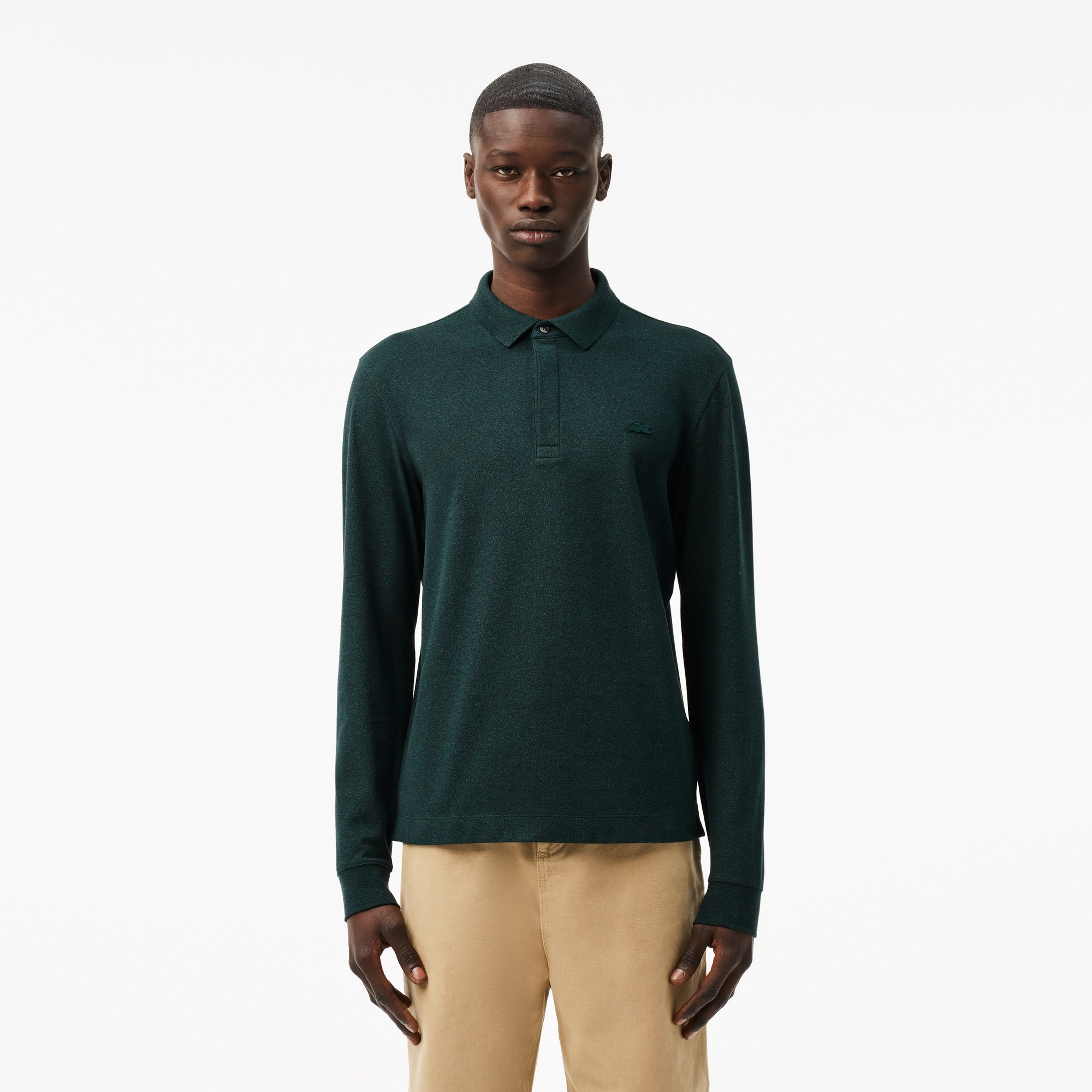 Erkek Regular Fit Uzun Kollu Koyu Yeşil Polo