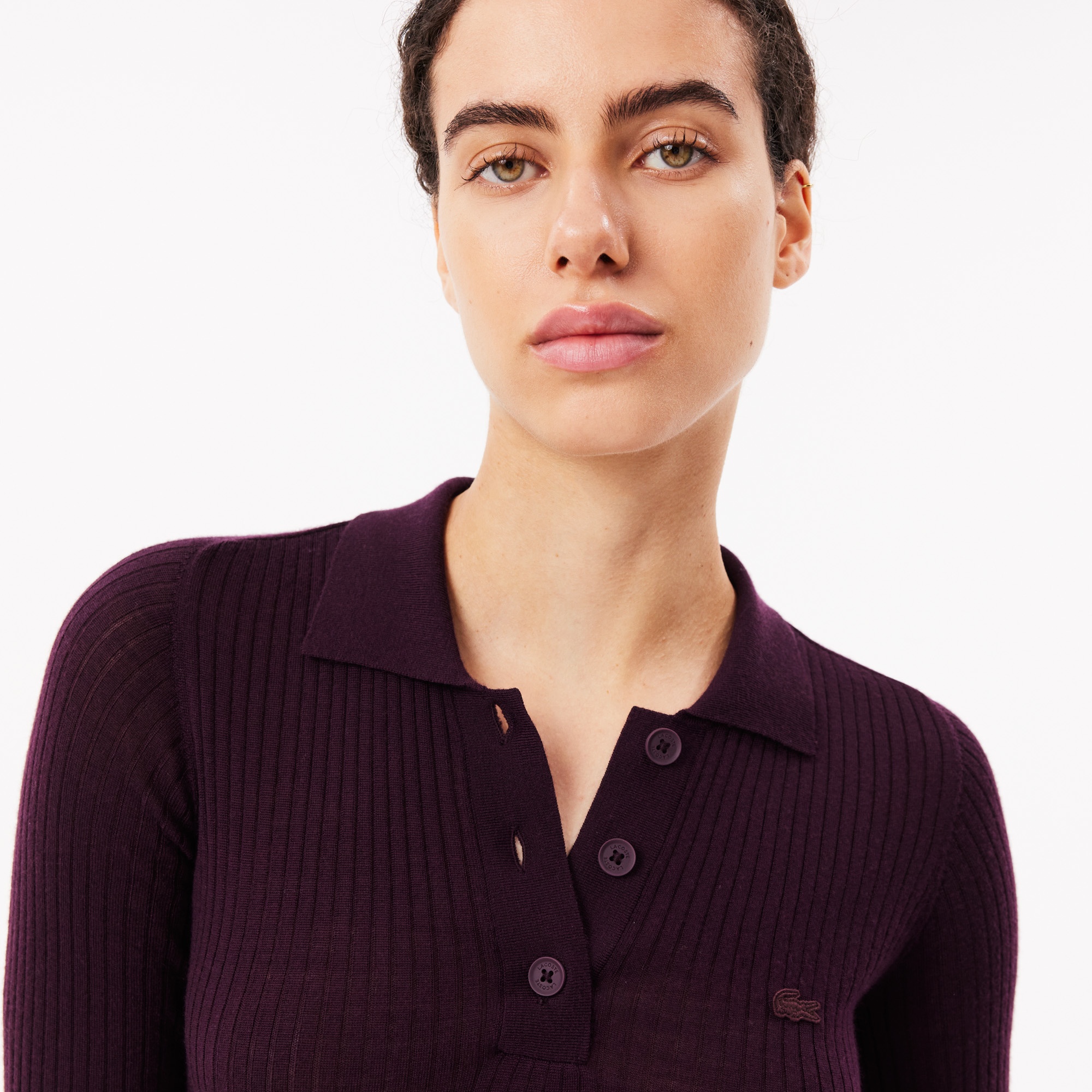 Lacoste Kadın Uzun Kollu Polo Yaka Yün Bordo Elbise