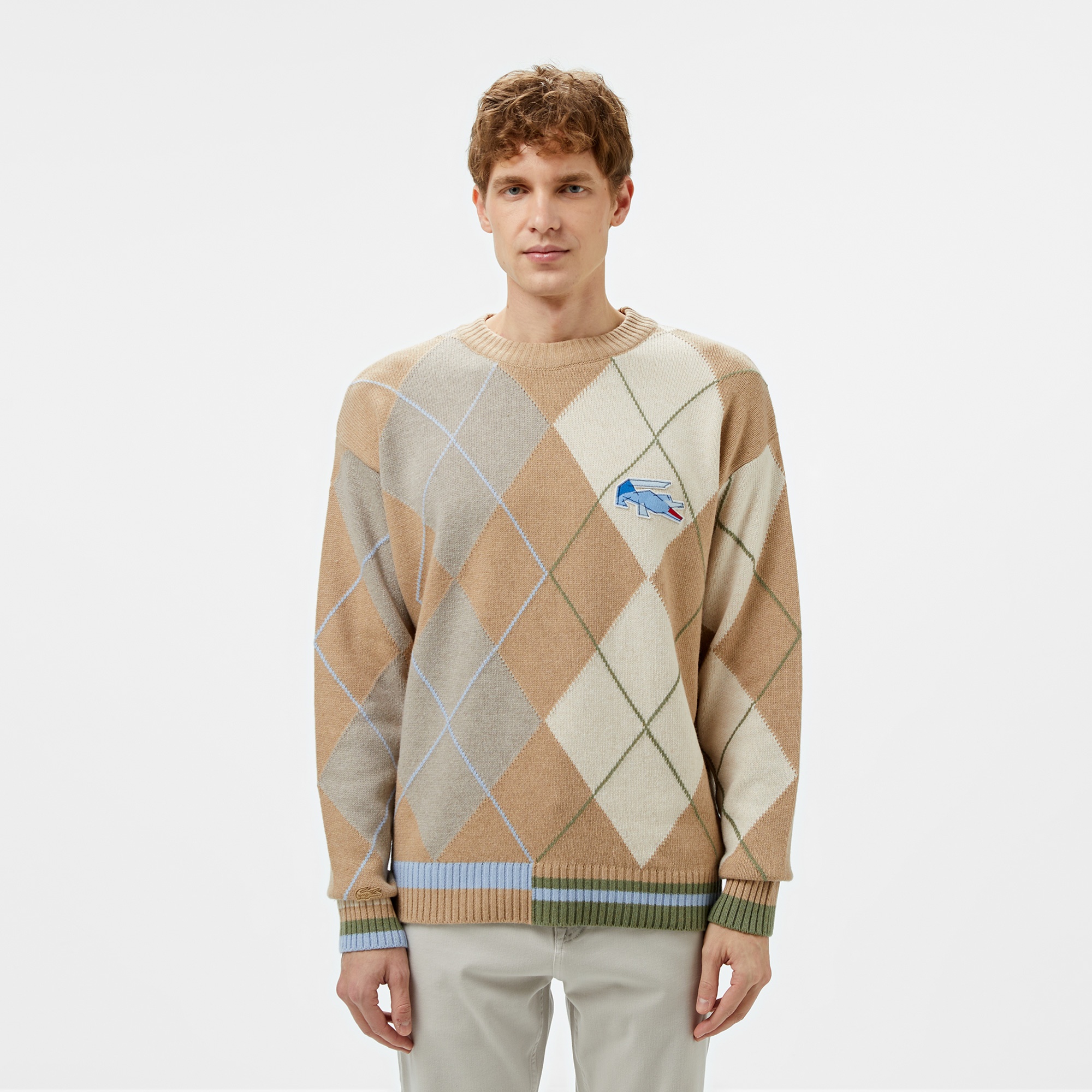 Lacoste Erkek Loose Fit Bisiklet Yaka Renk Bloklu Kahverengi Kazak