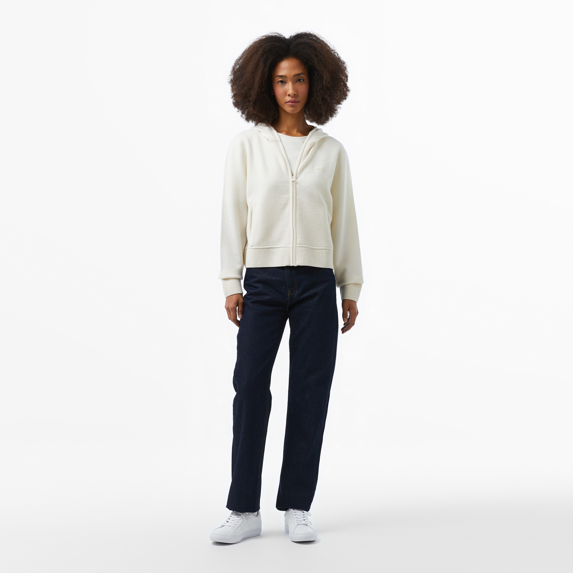 Lacoste Kadın Relaxed Fit Kapüşonlu Beyaz Hırka