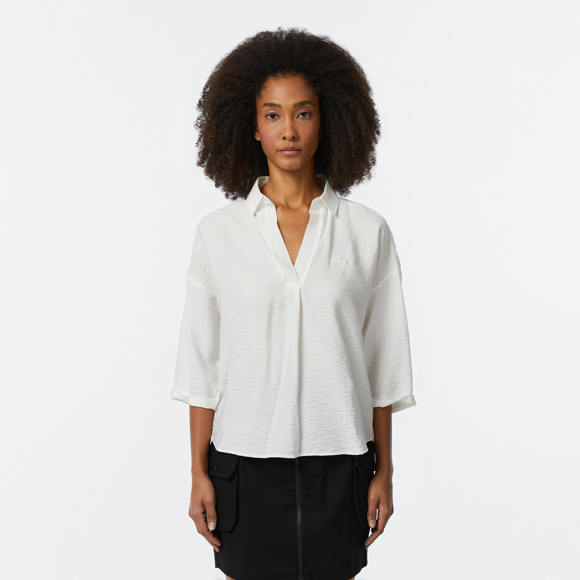 Lacoste Kadın Regular Fit Truvakar Kollu V Yaka Beyaz Bluz