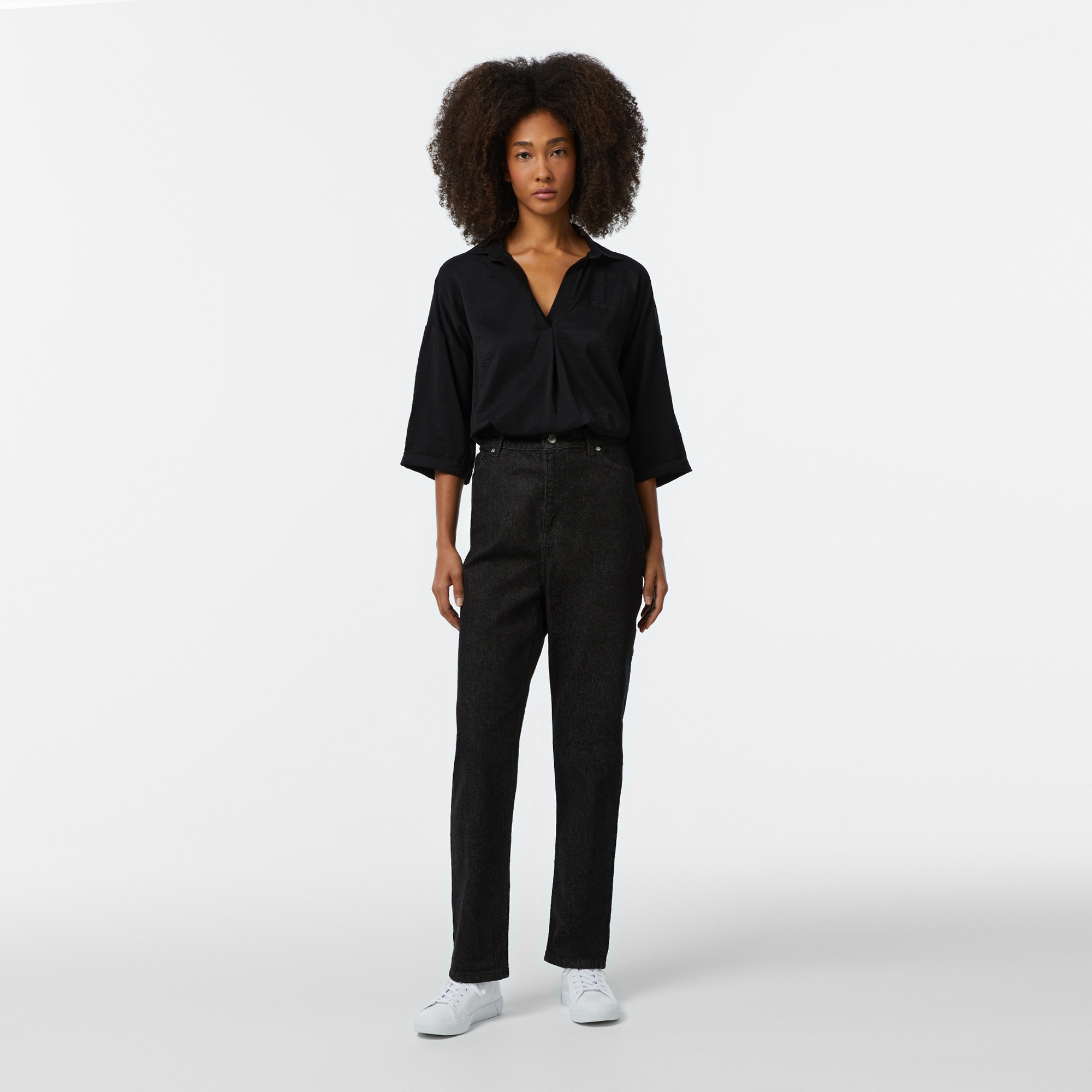 Lacoste Kadın Regular Fit Truvakar Kollu V Yaka Siyah Bluz