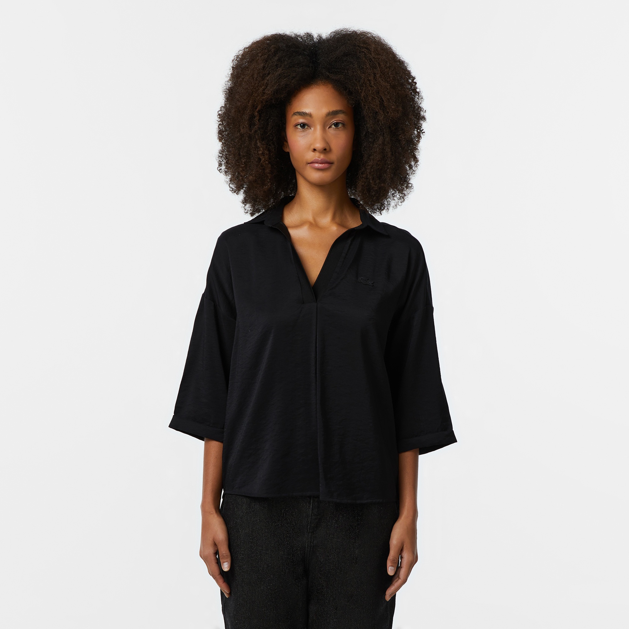Lacoste Kadın Regular Fit Truvakar Kollu V Yaka Siyah Bluz