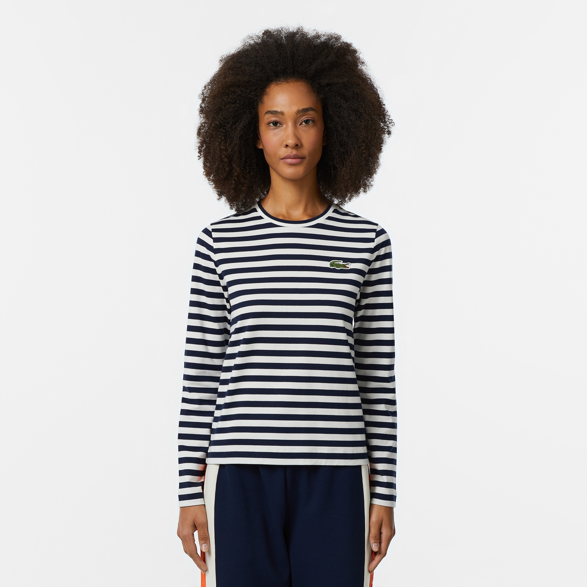 Lacoste Kadın Regular Fit Uzun Kollu Bisiklet Yaka Çizgili Lacivert T-Shirt