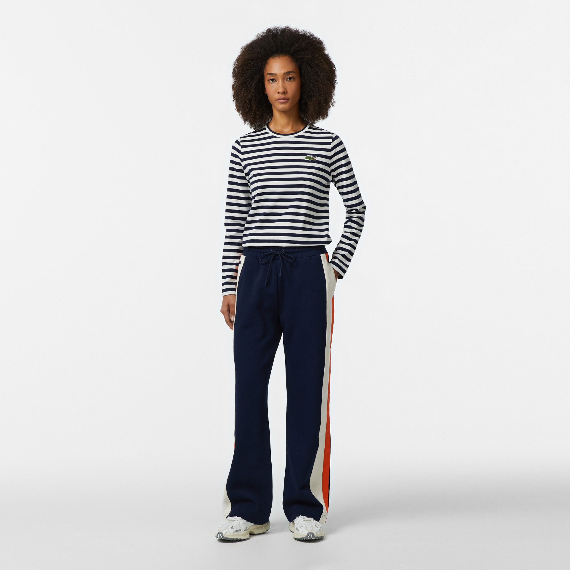 Lacoste Kadın Regular Fit Uzun Kollu Bisiklet Yaka Çizgili Lacivert T-Shirt