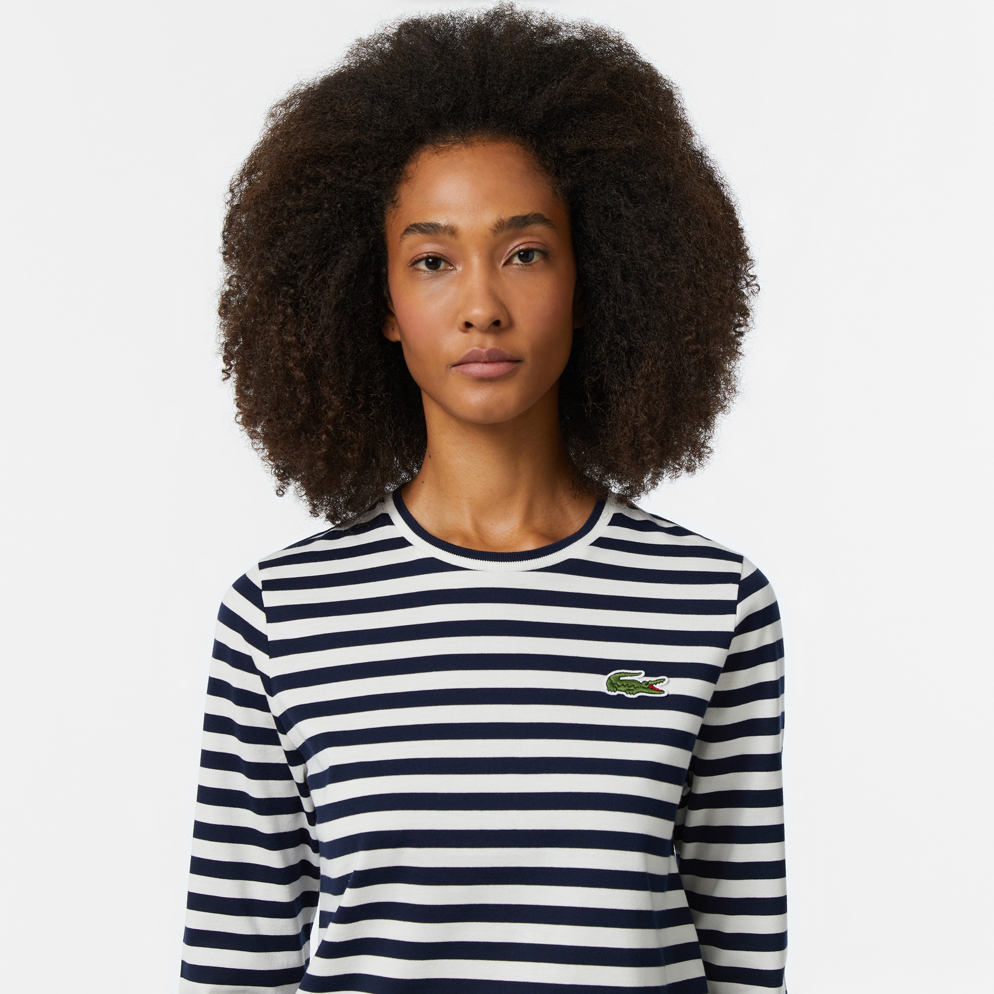 Lacoste Kadın Regular Fit Uzun Kollu Bisiklet Yaka Çizgili Lacivert T-Shirt