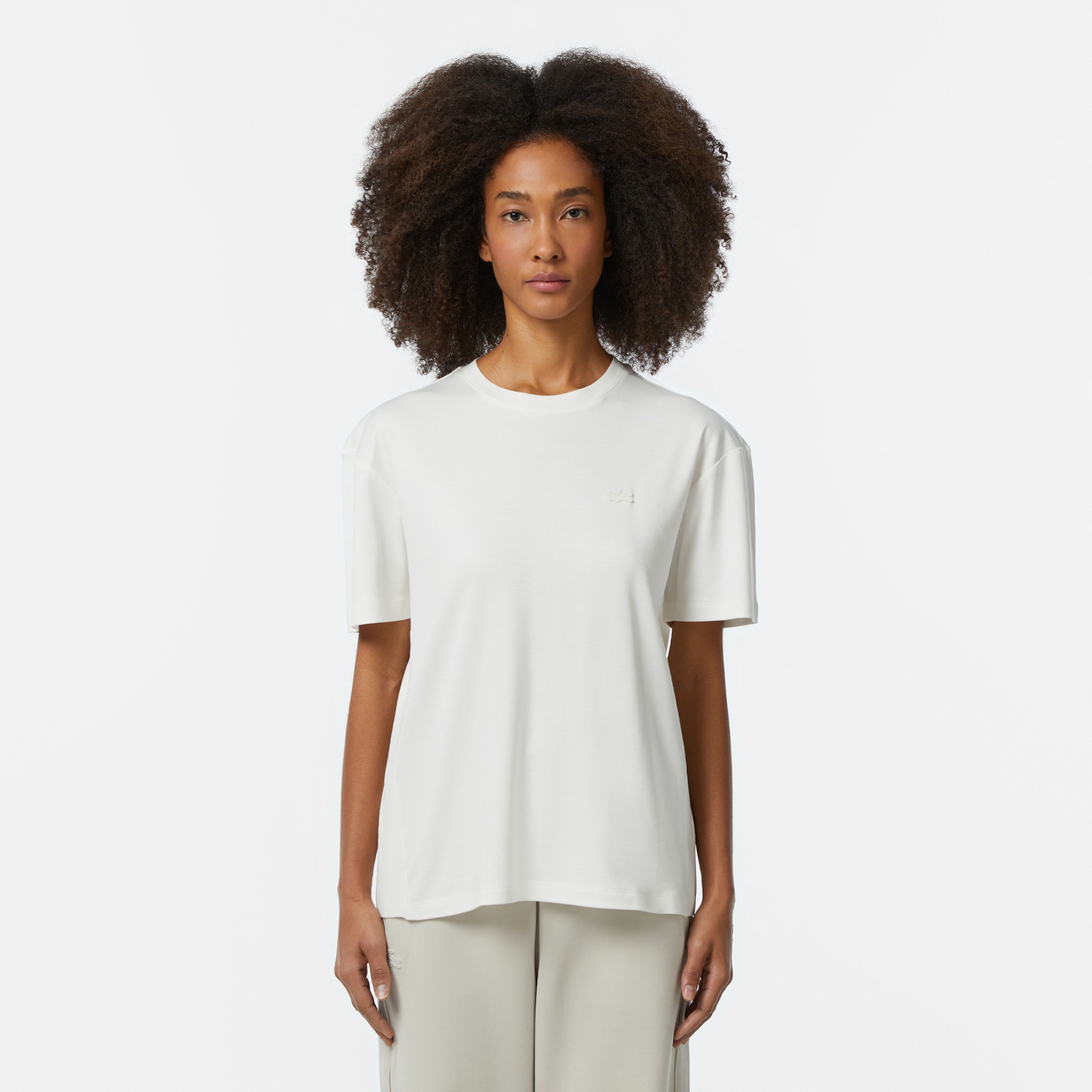 Lacoste Kadın Relaxed Fit Bisiklet Yaka Beyaz T-Shirt