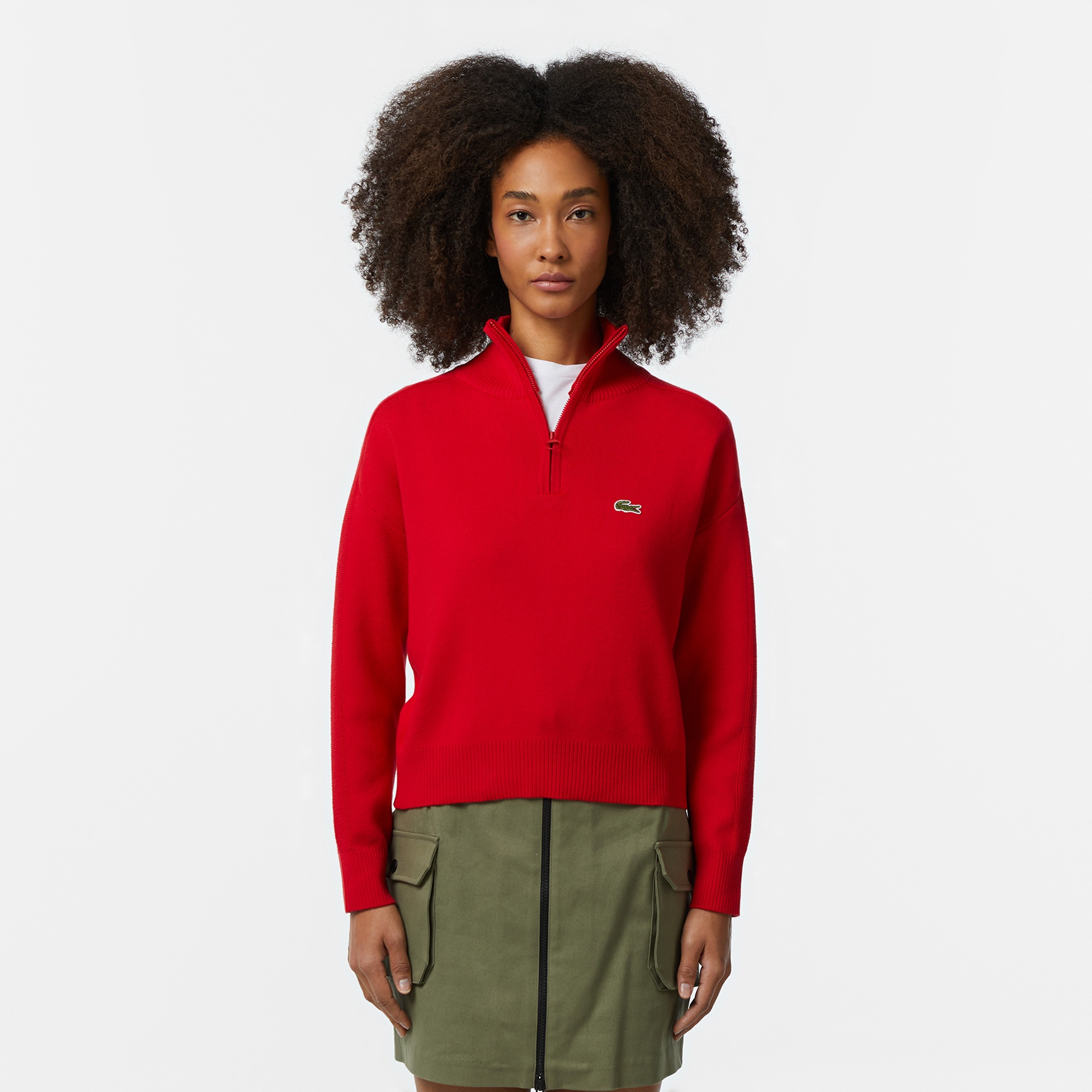 Lacoste Kadın Relaxed Fit Yarım Fermuarlı Kırmızı Triko