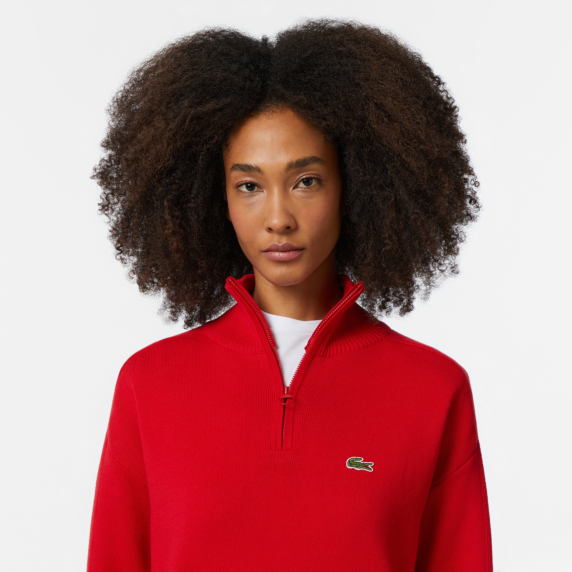 Lacoste Kadın Relaxed Fit Yarım Fermuarlı Kırmızı Triko