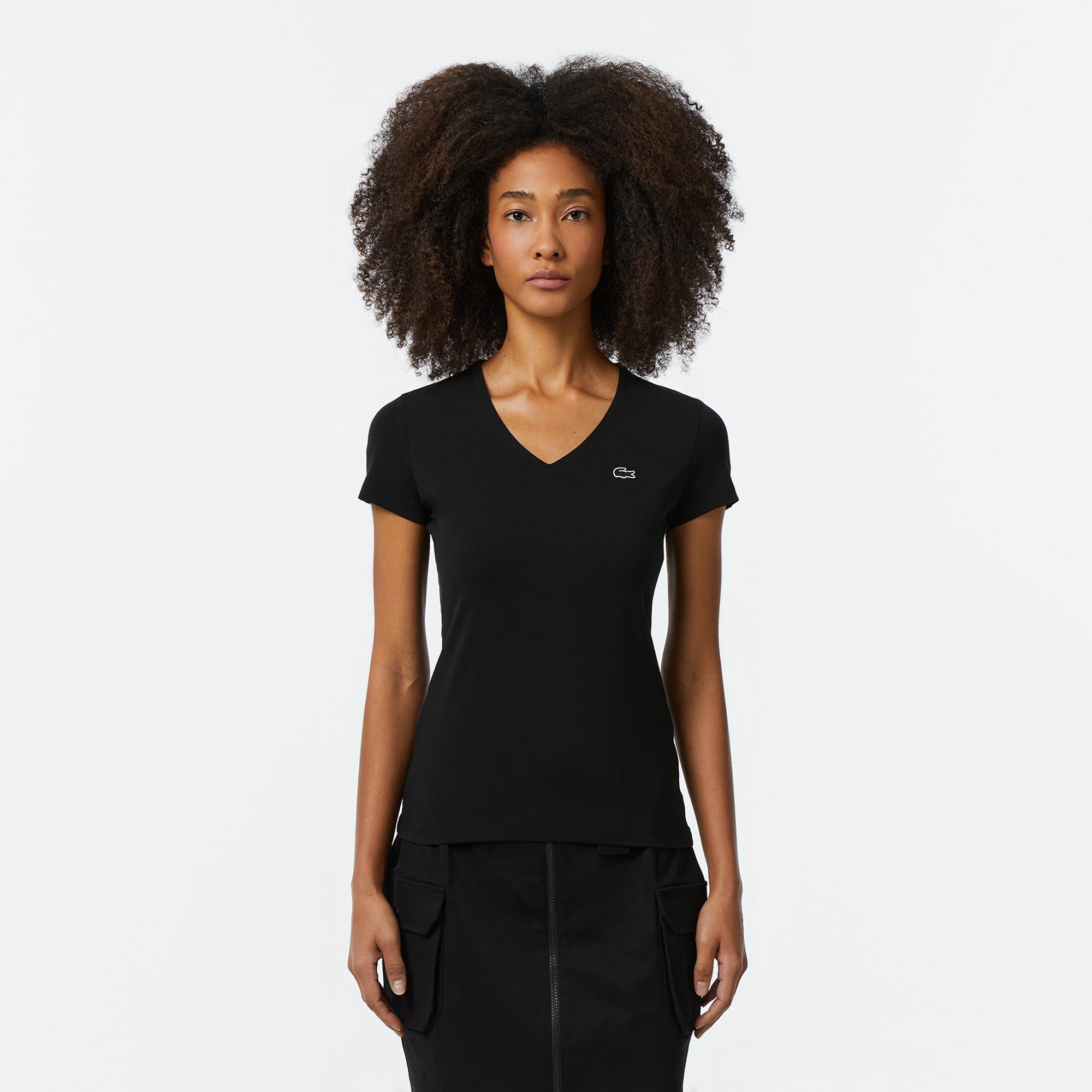 Kadın Slim Fit V Yaka Siyah T-Shirt