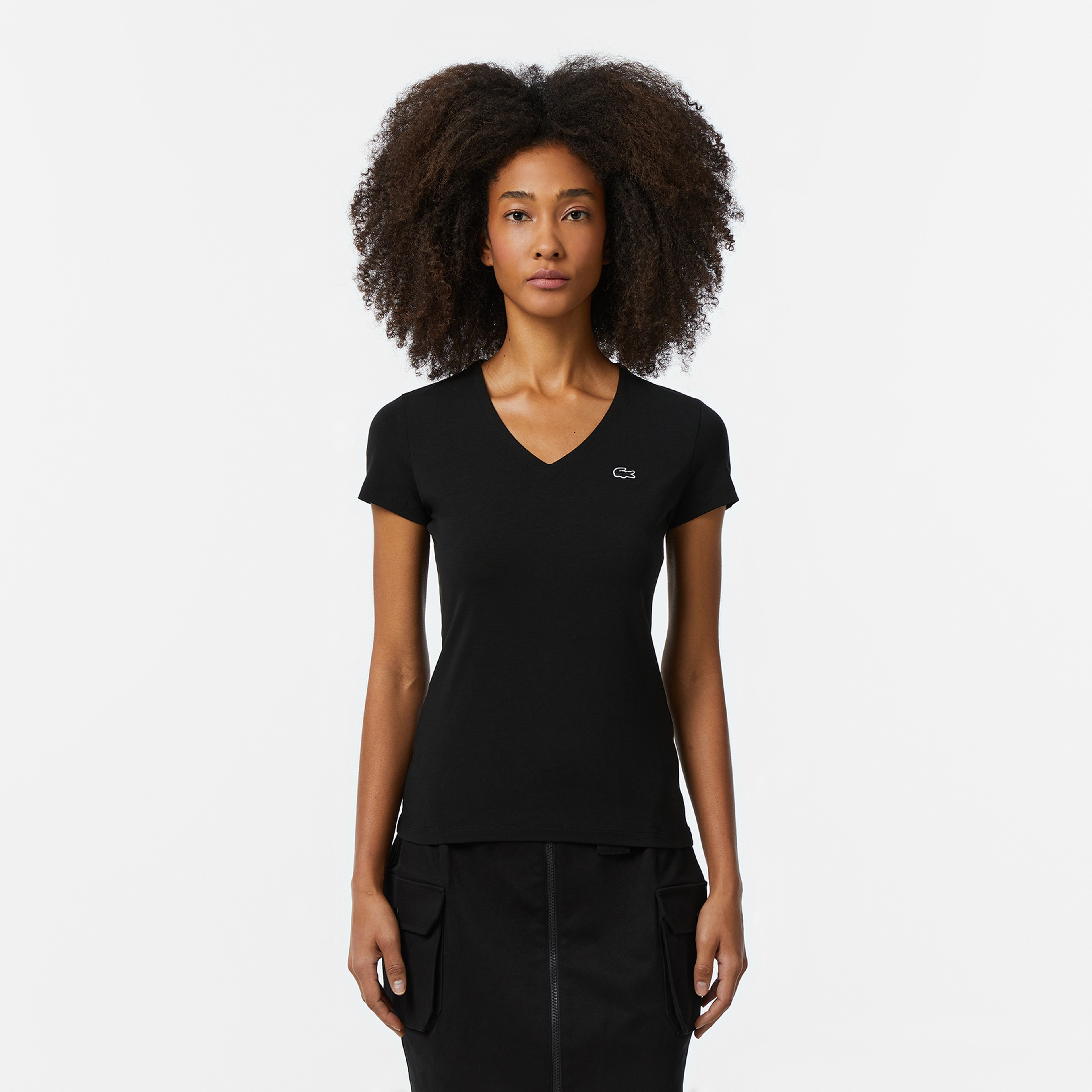 Kadın Slim Fit V Yaka Siyah T-Shirt