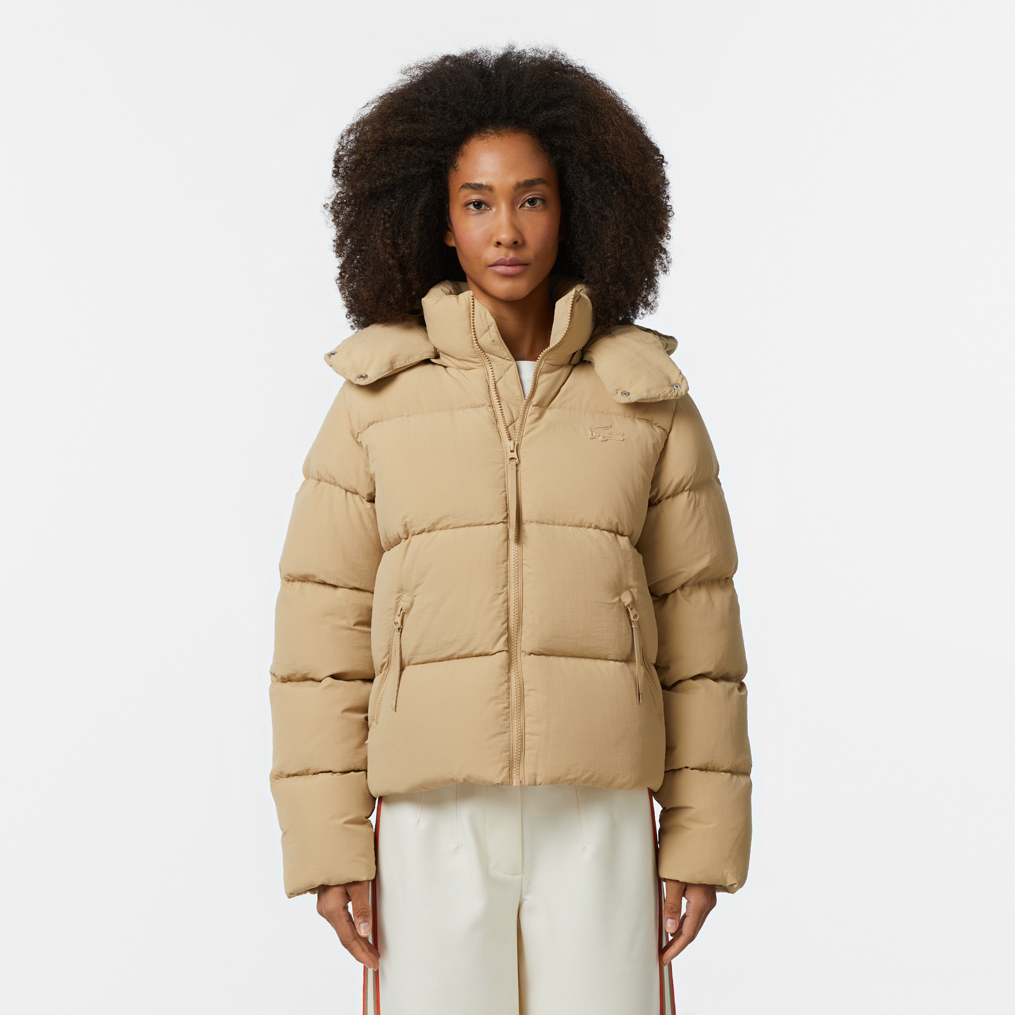 Lacoste Kadın Relaxed Fit Kapüşonlu Kahverengi Şişme Mont